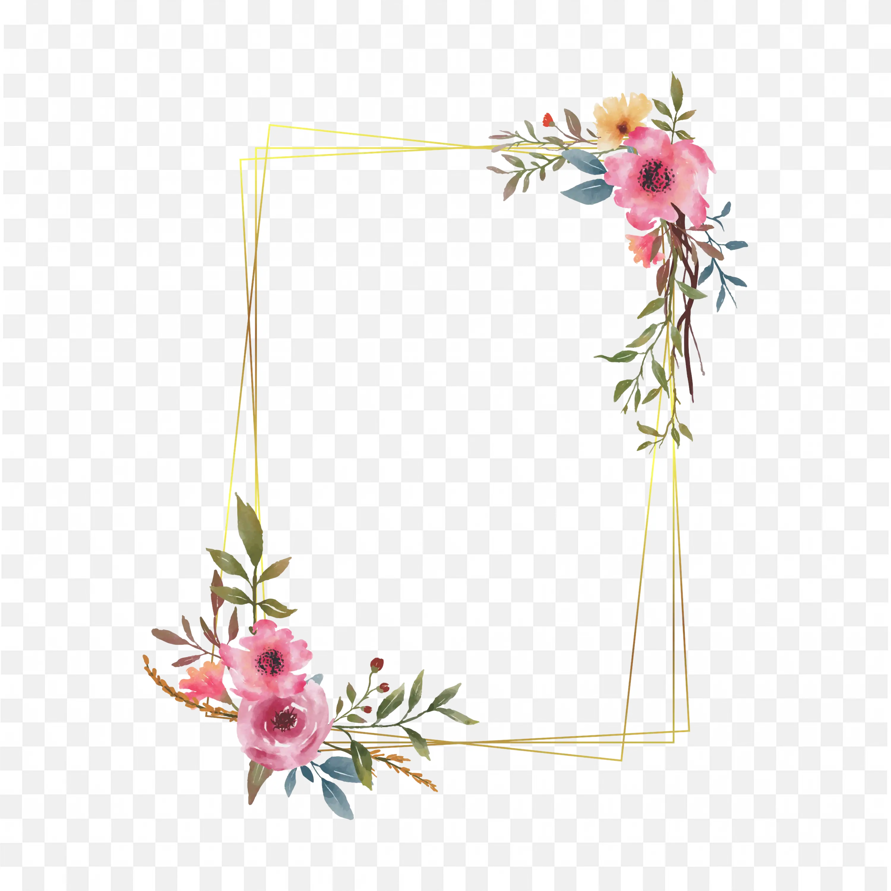 Floral Gold Geometric Frame with Pink Flowers Corners
