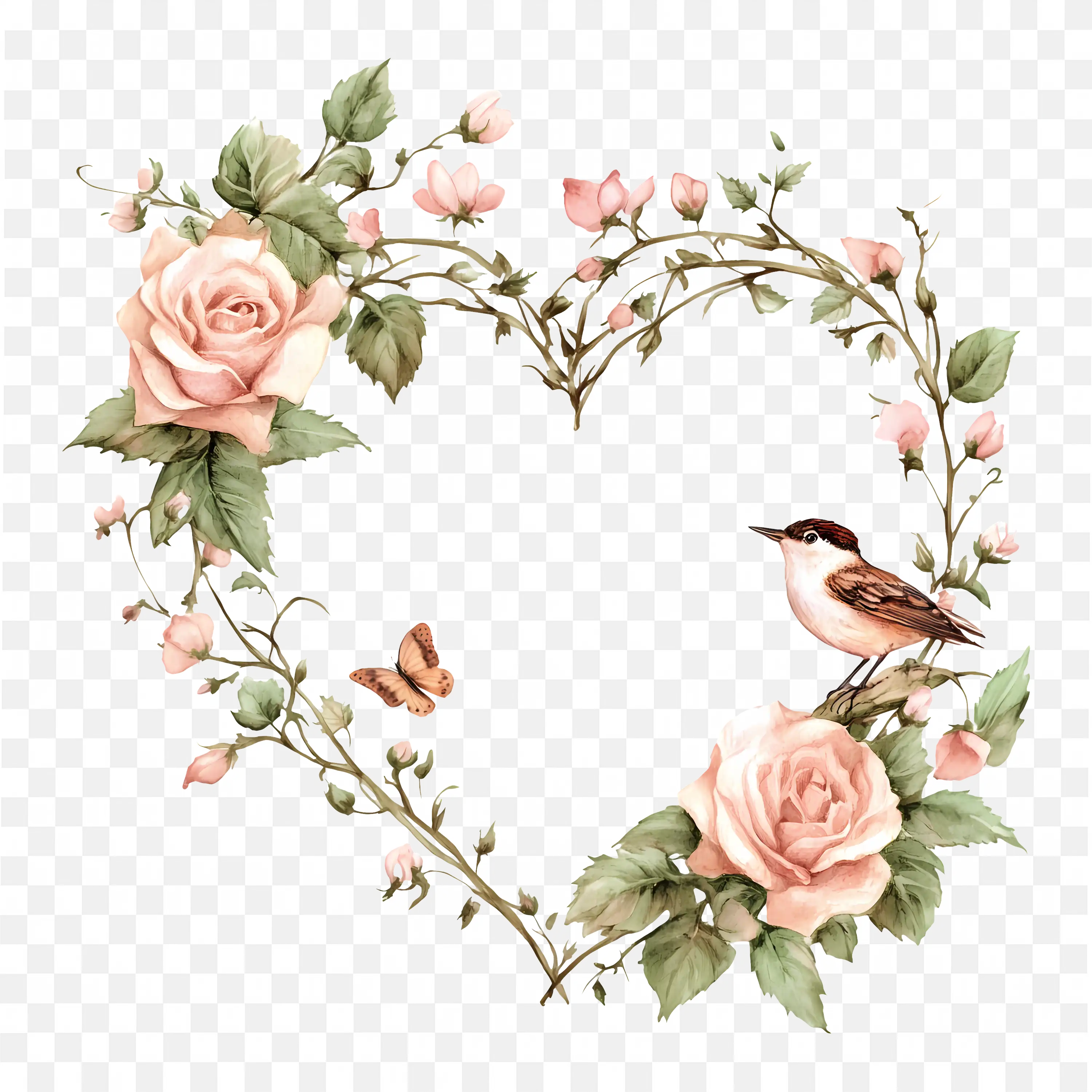 Floral Heart Frame with Pink Roses for Romantic Design