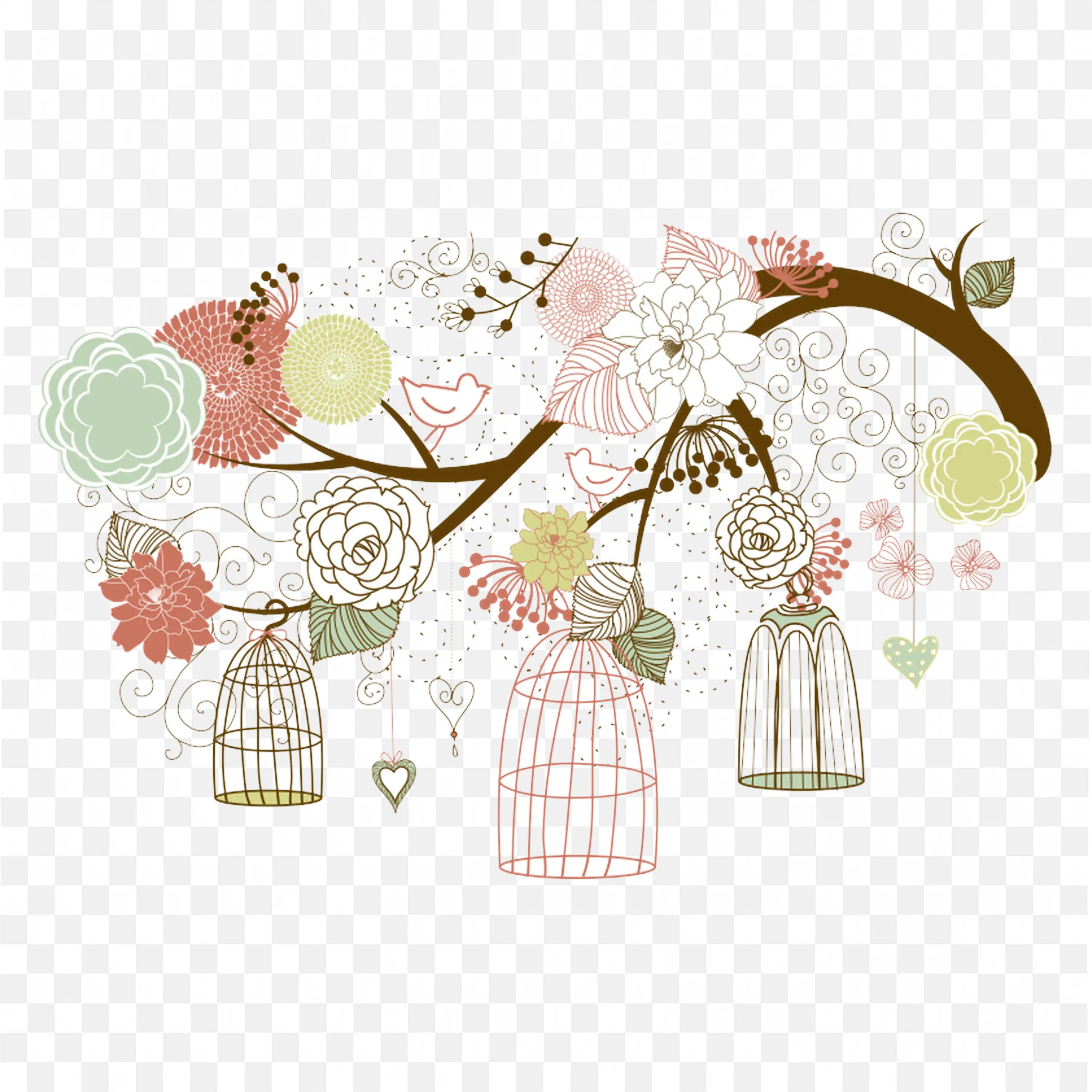 Floral Tree with Birds and Open Cages Elegant Vector Art