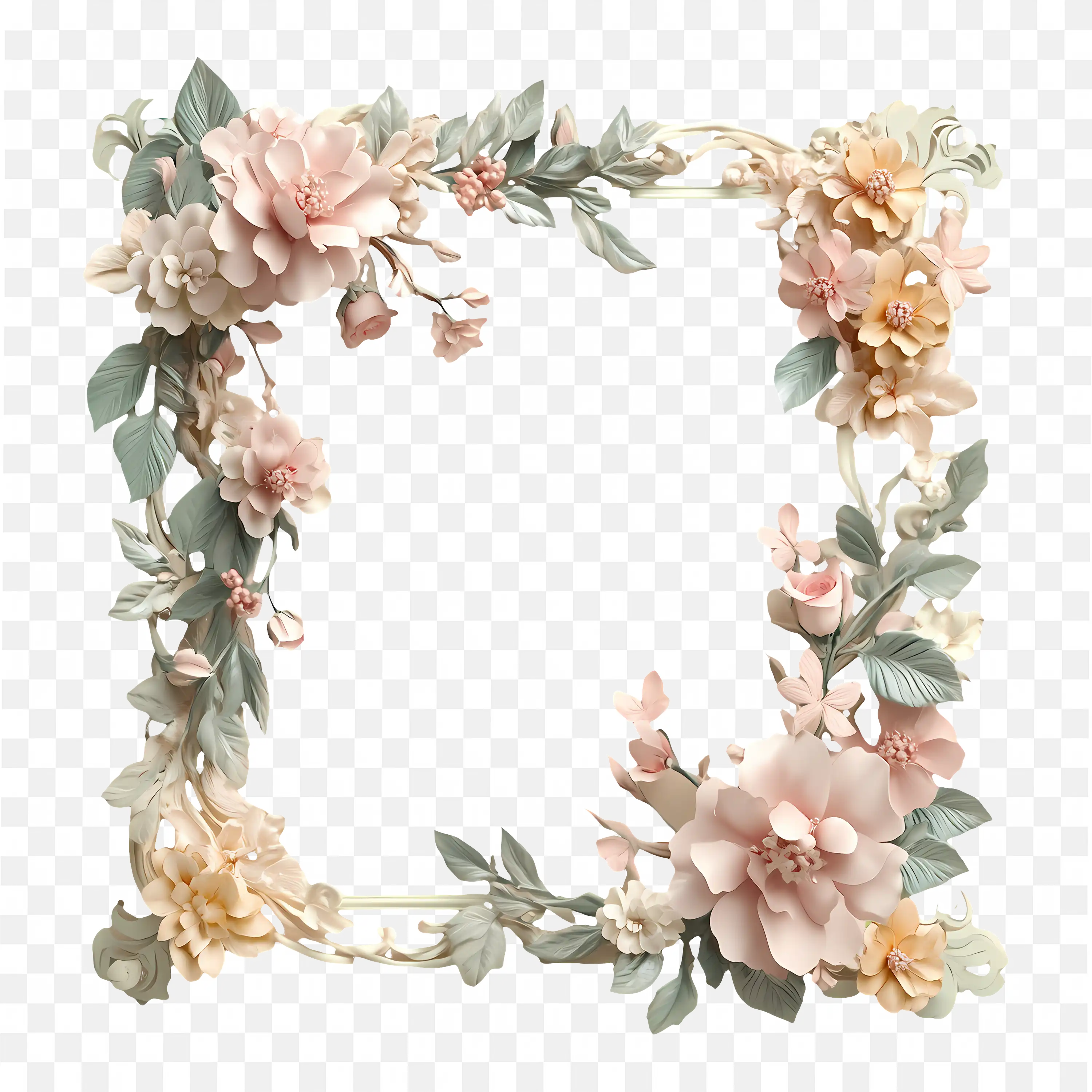 Green Leaf Wreath Frame with Soft Pink Flowers Png