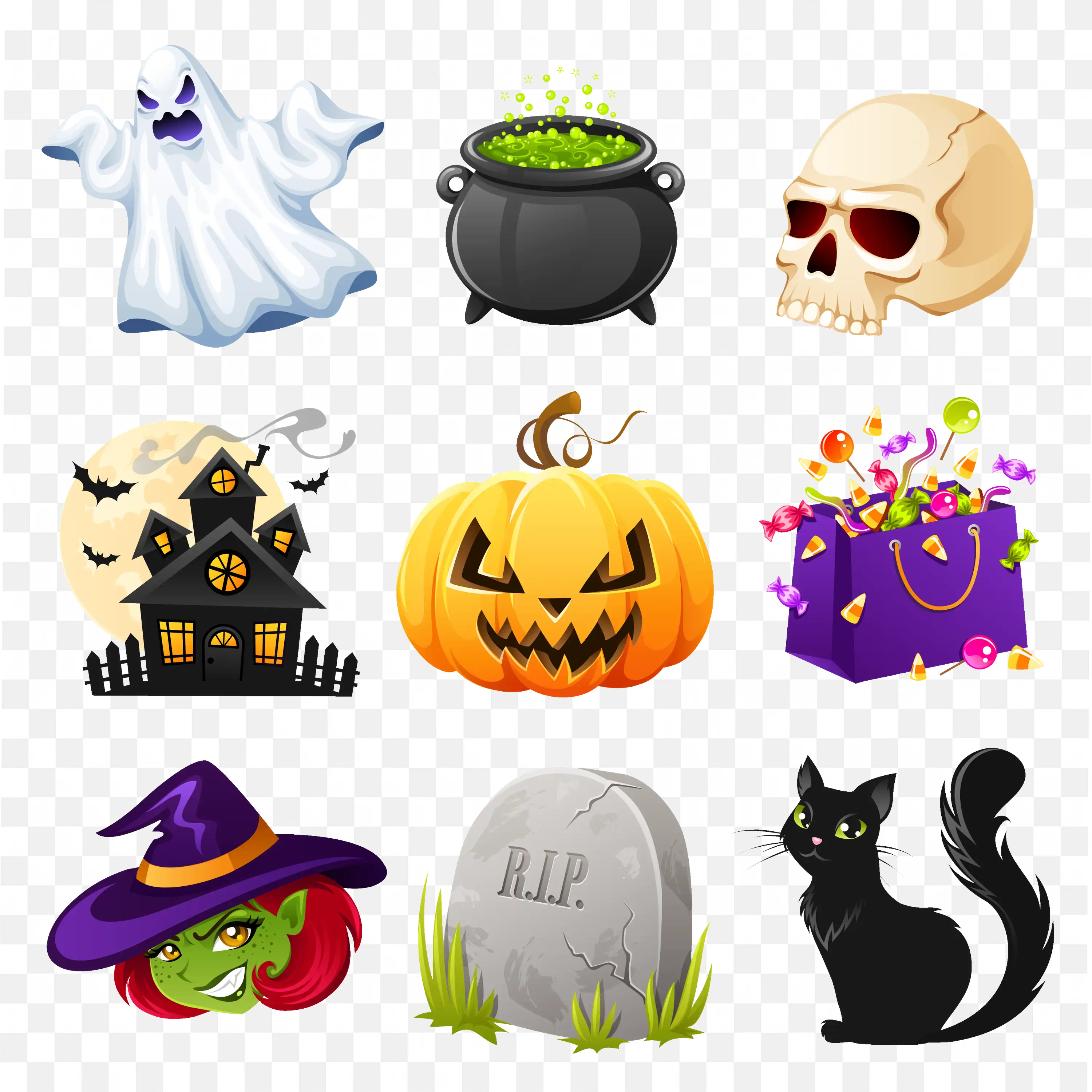 Halloween Pumpkins Ghost Skull and Candles Decorative Png