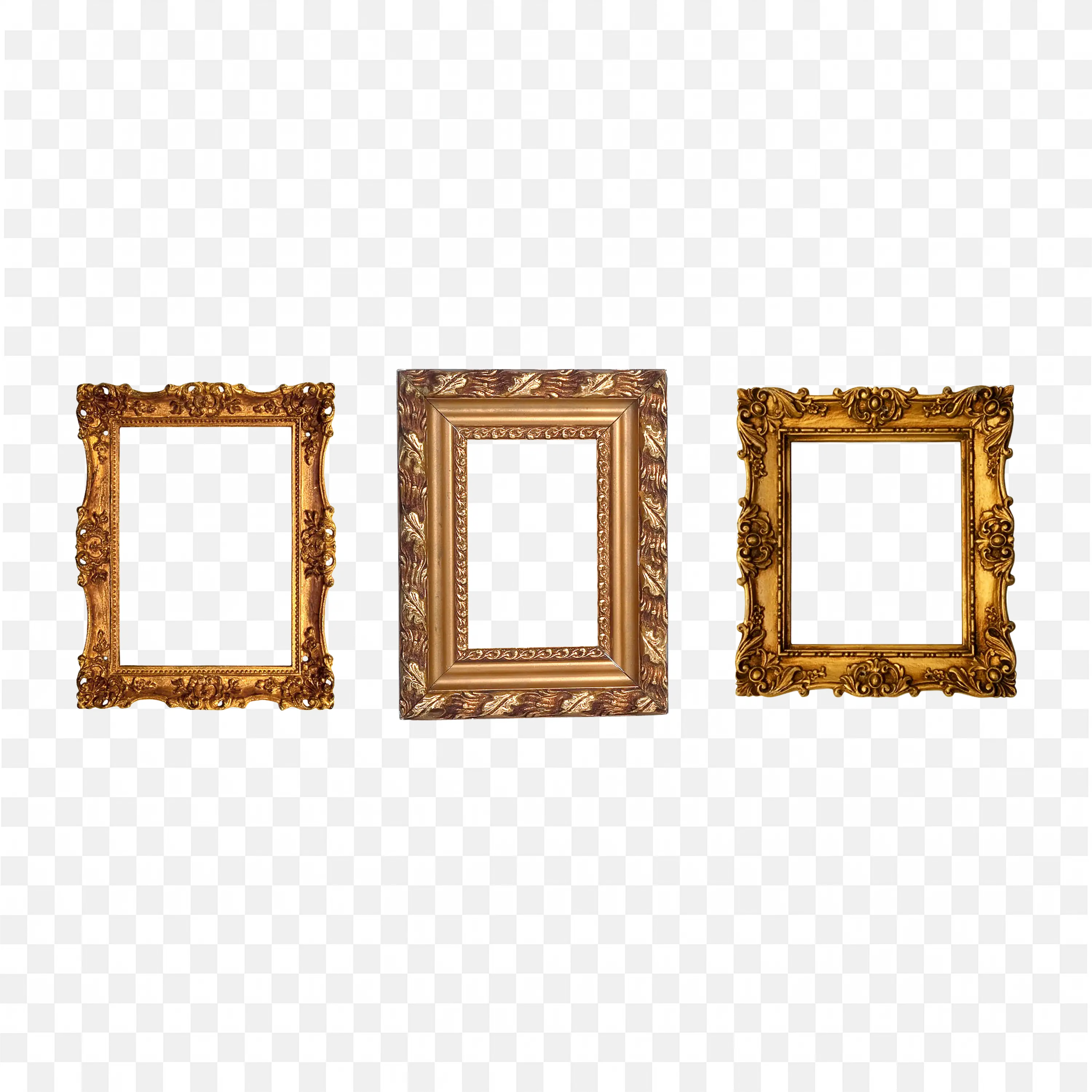 Horizontal Set Of Three Wooden Frames on White Wall Png