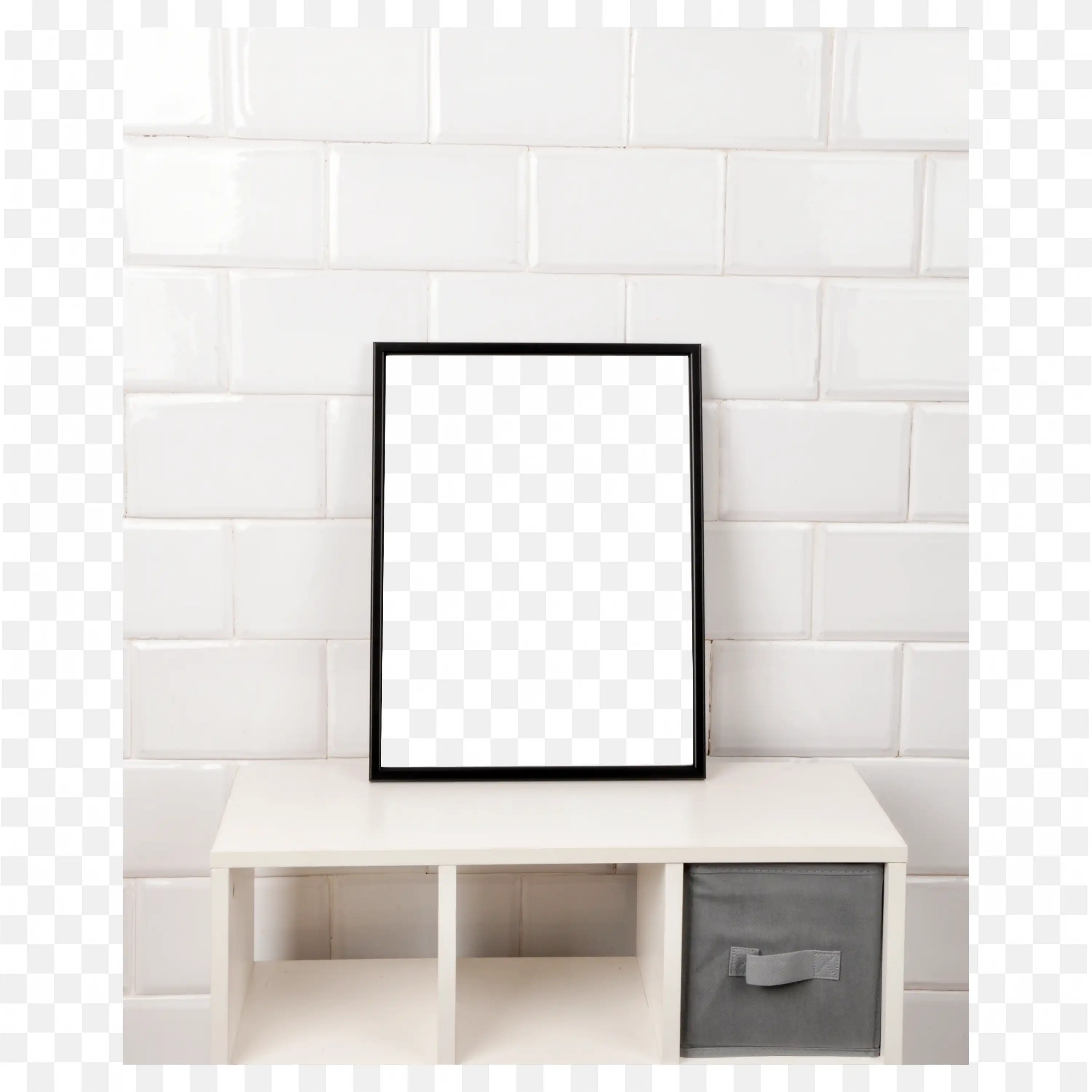Minimalist Modern Frame on Shelf with White Tile Wall