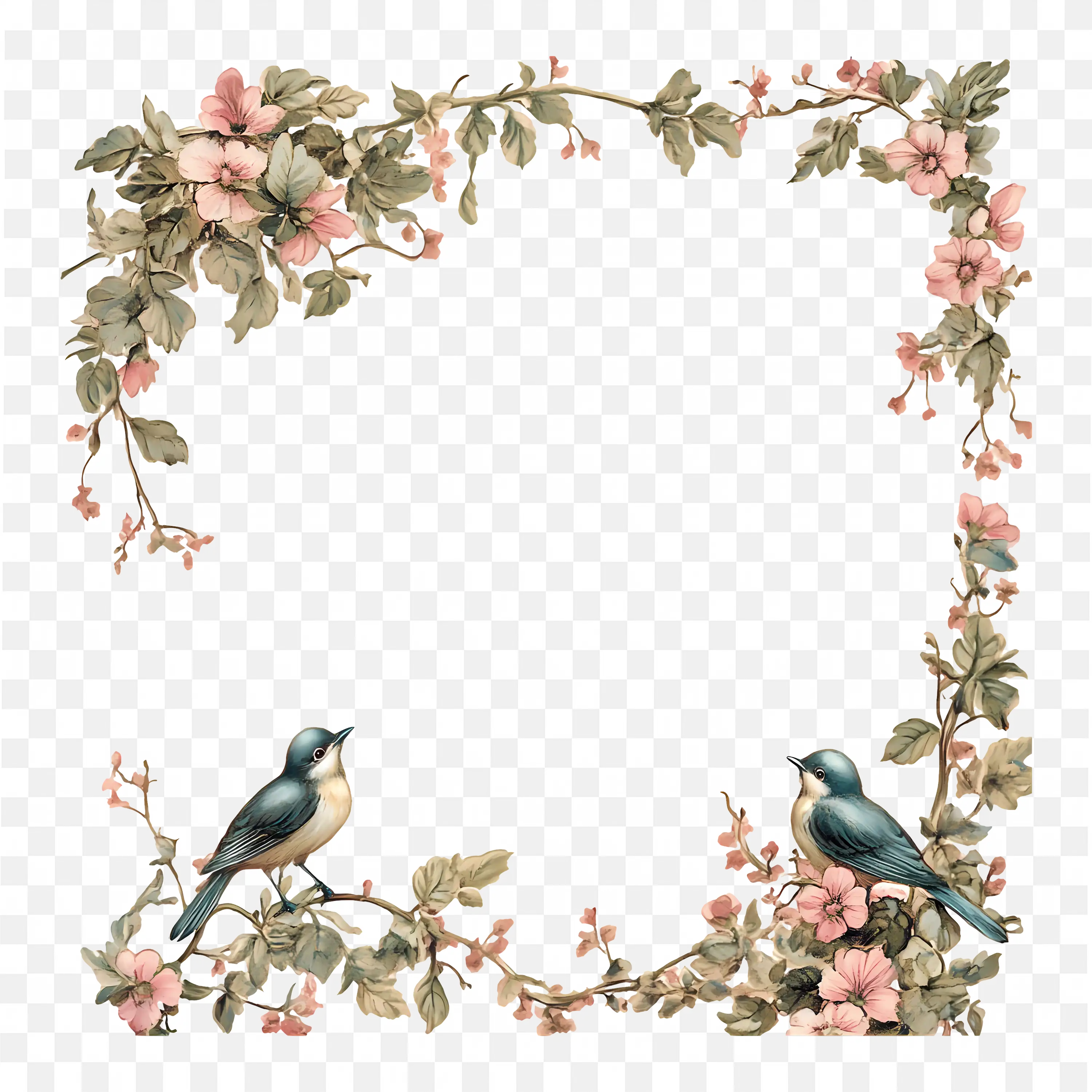 Nature Branch Border Frame with Leaves and Bird Png Art