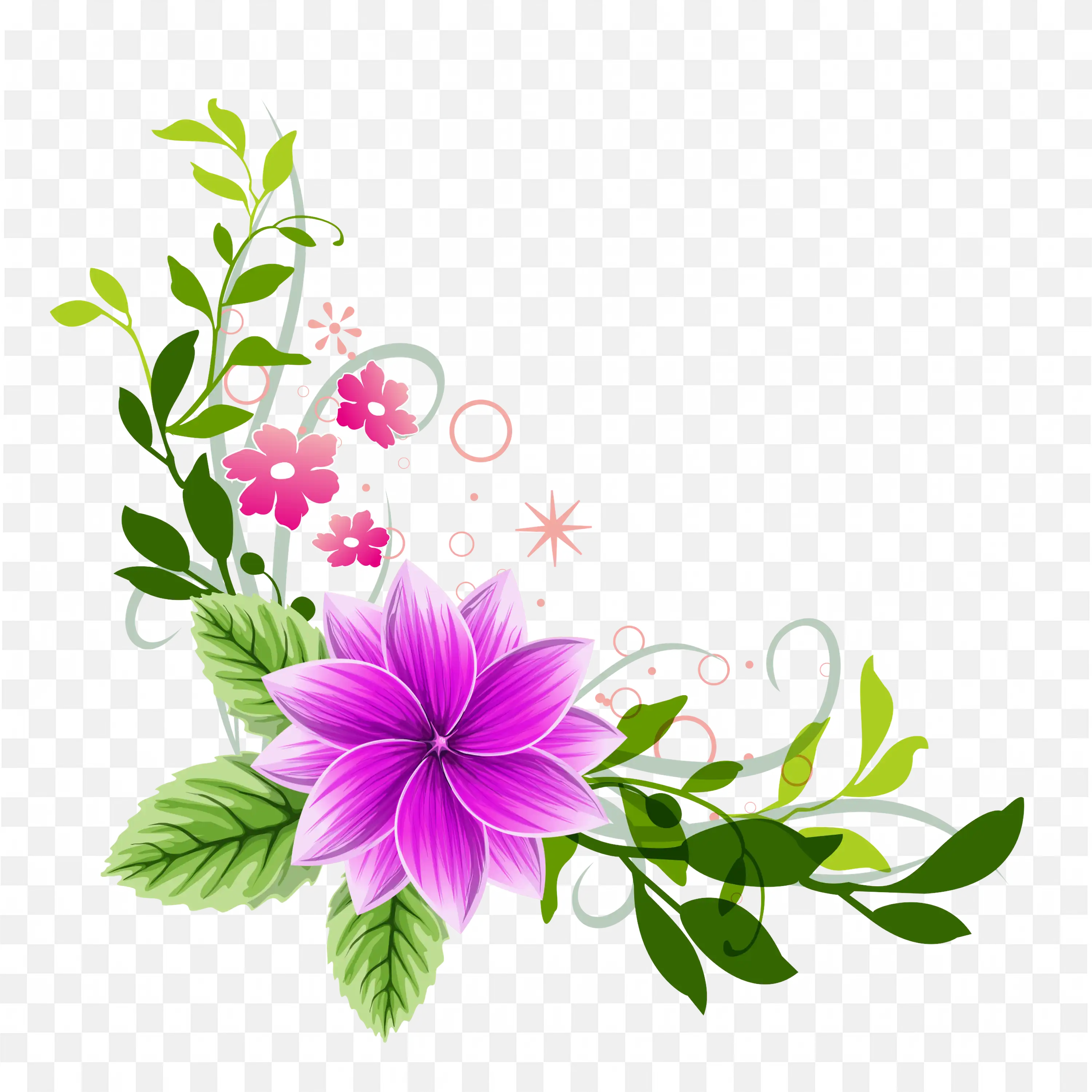 Pink and Purple Floral Bouquet with Green Leaves Frame