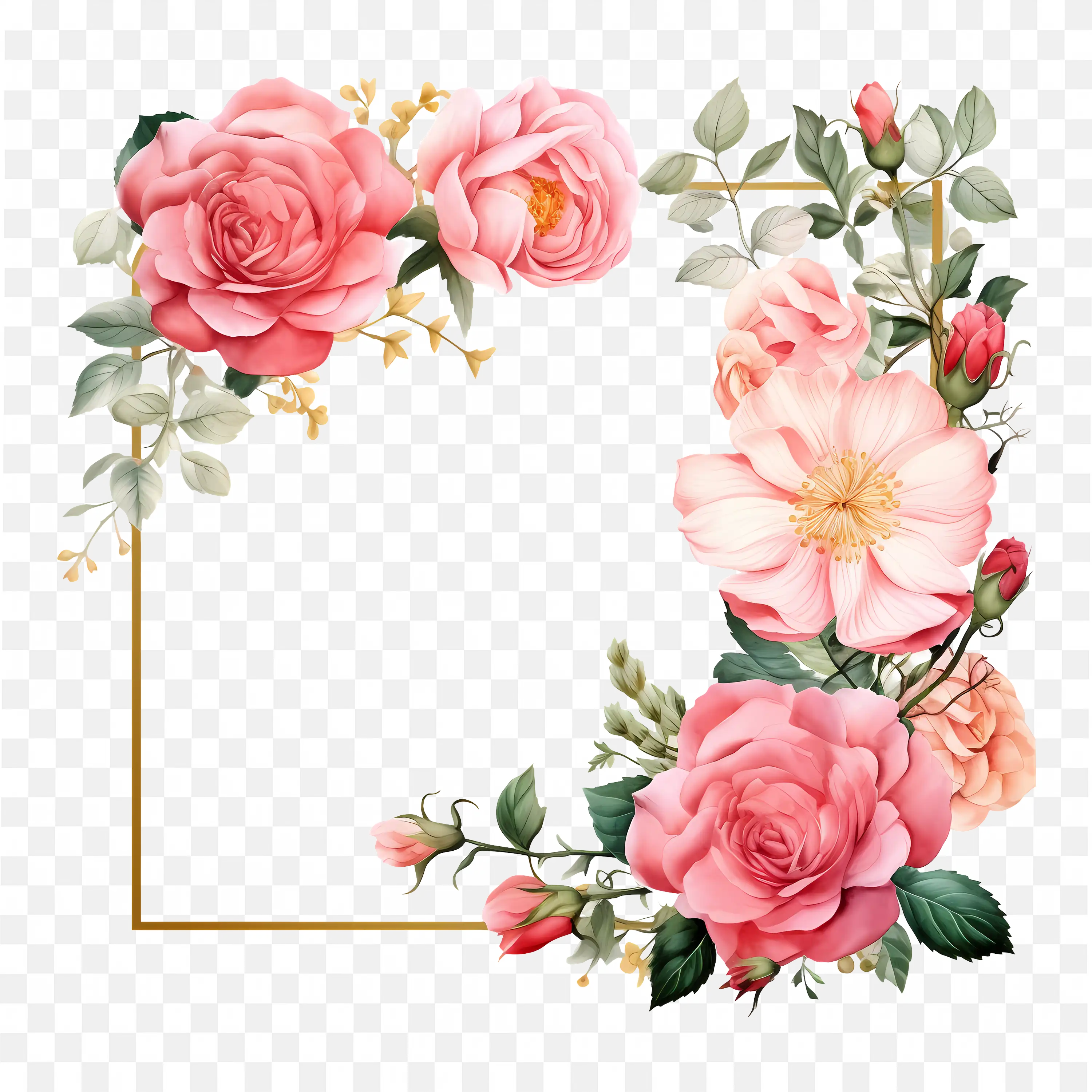 Pink Rose Flower Border Frame with White Background
