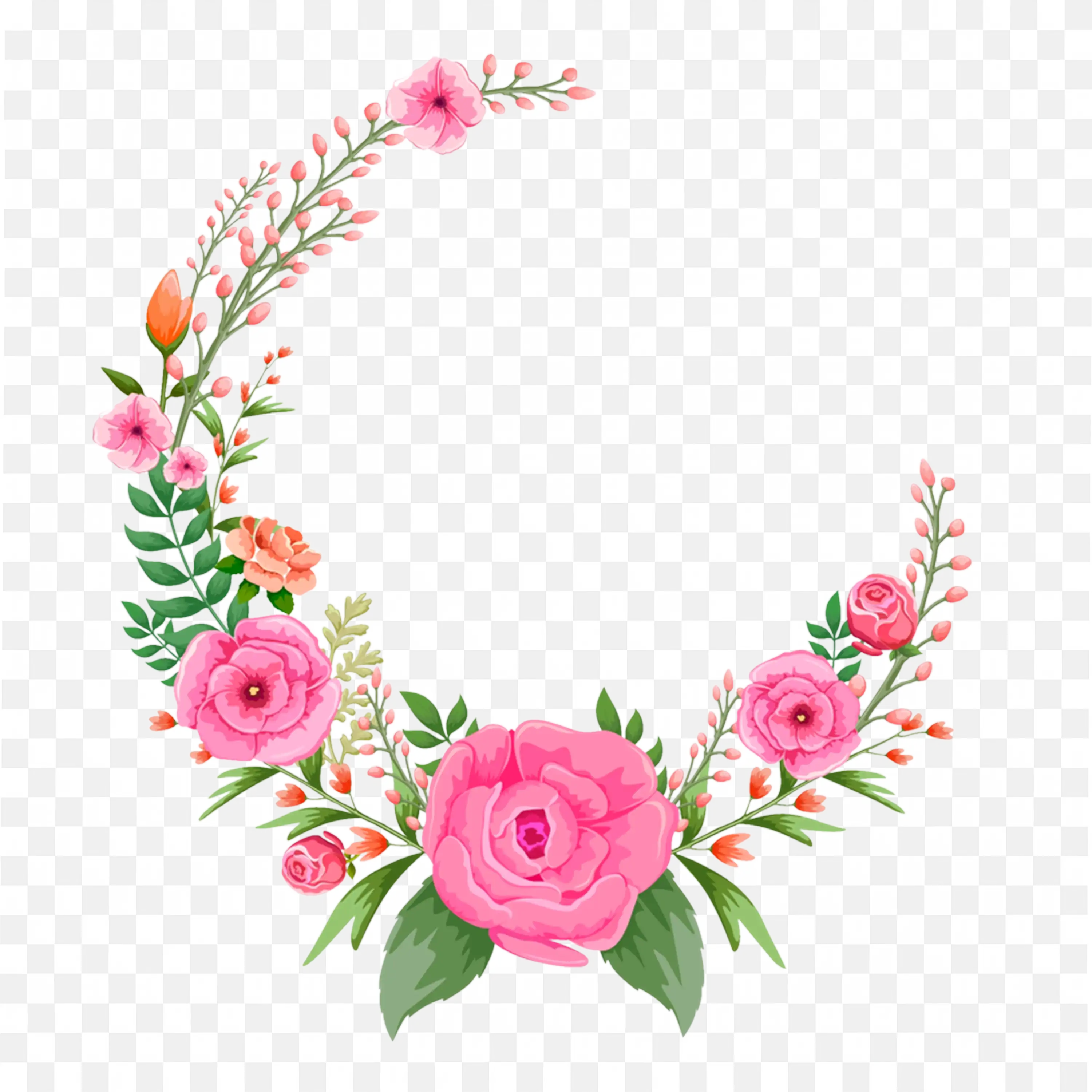 Pink Rose and Green Leaves Floral Wreath Frame Png