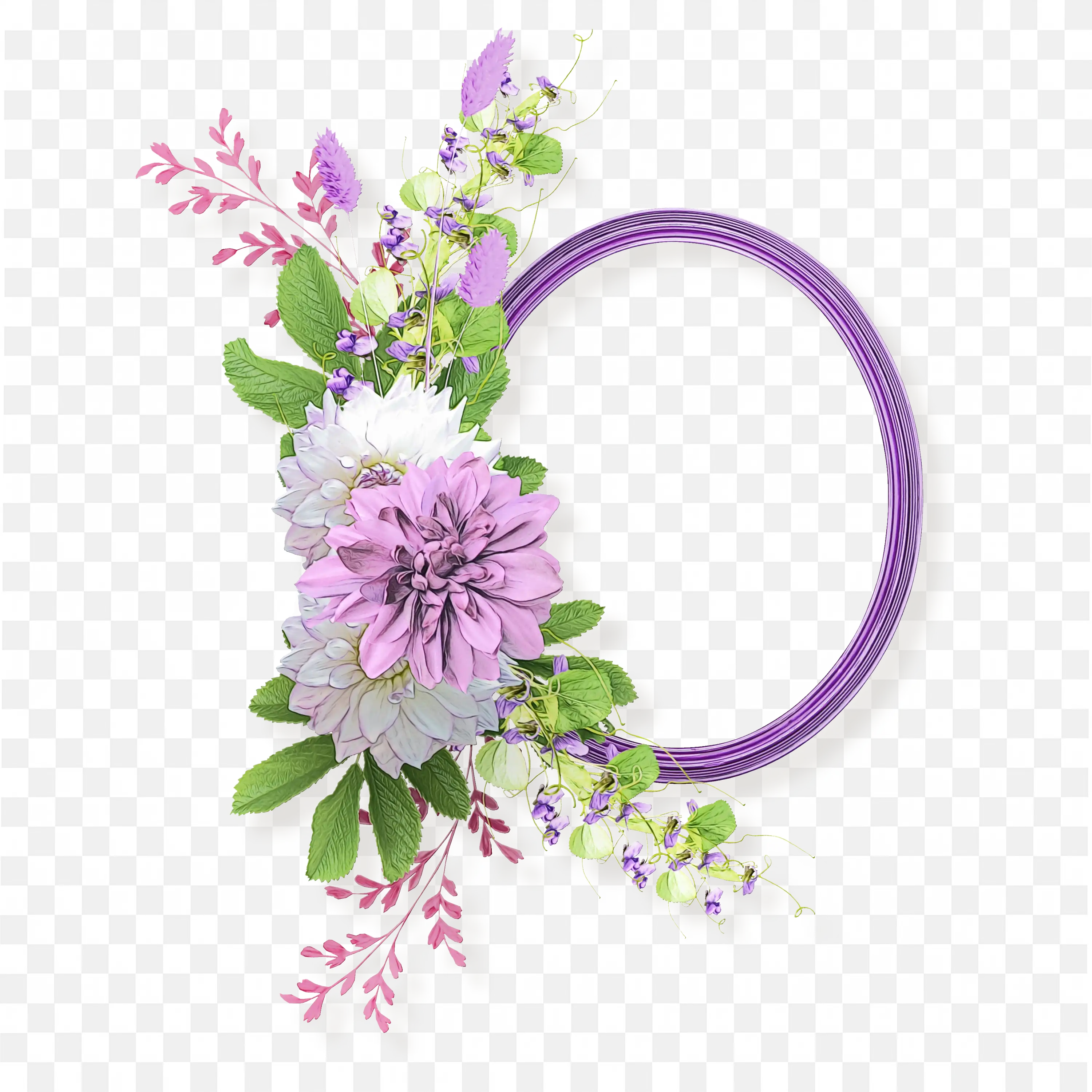 Purple Floral Circle Frame with Leaves Romantic Design Png