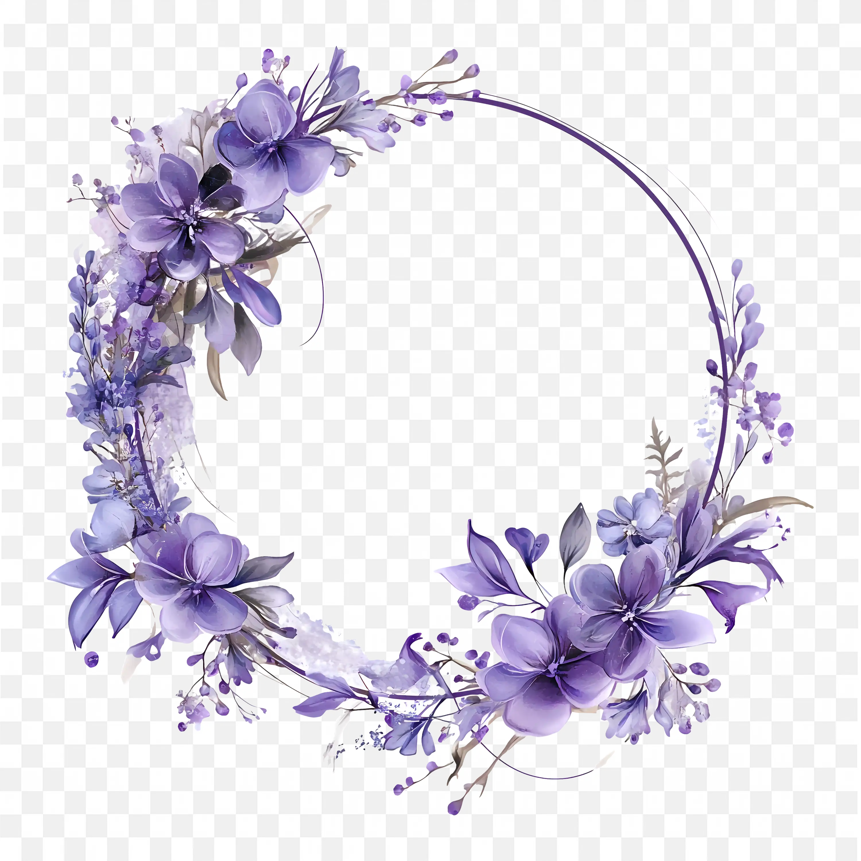 Purple Flower Circle Wreath with Hanging Blooms Frame Png