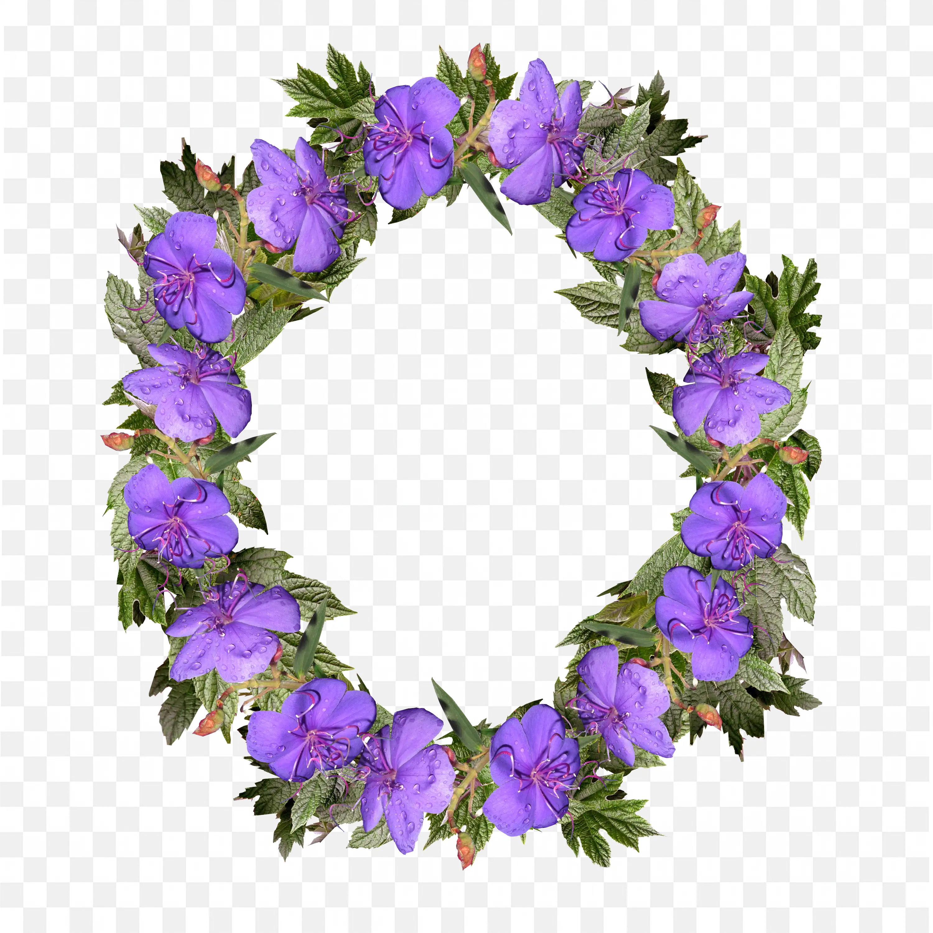 Purple Flower Wreath Frame with Green Leafy Border Png