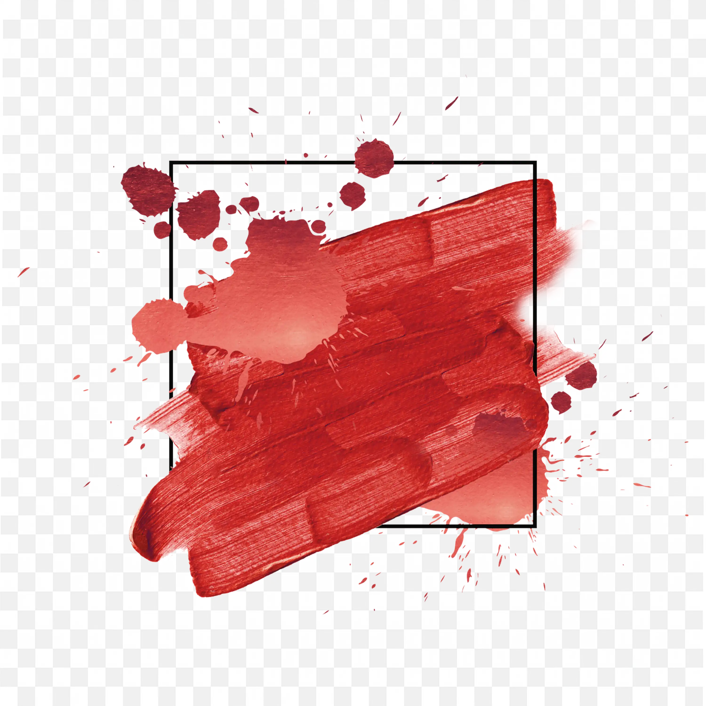Red Brush Stroke and Splatters in Black Square Frame Art