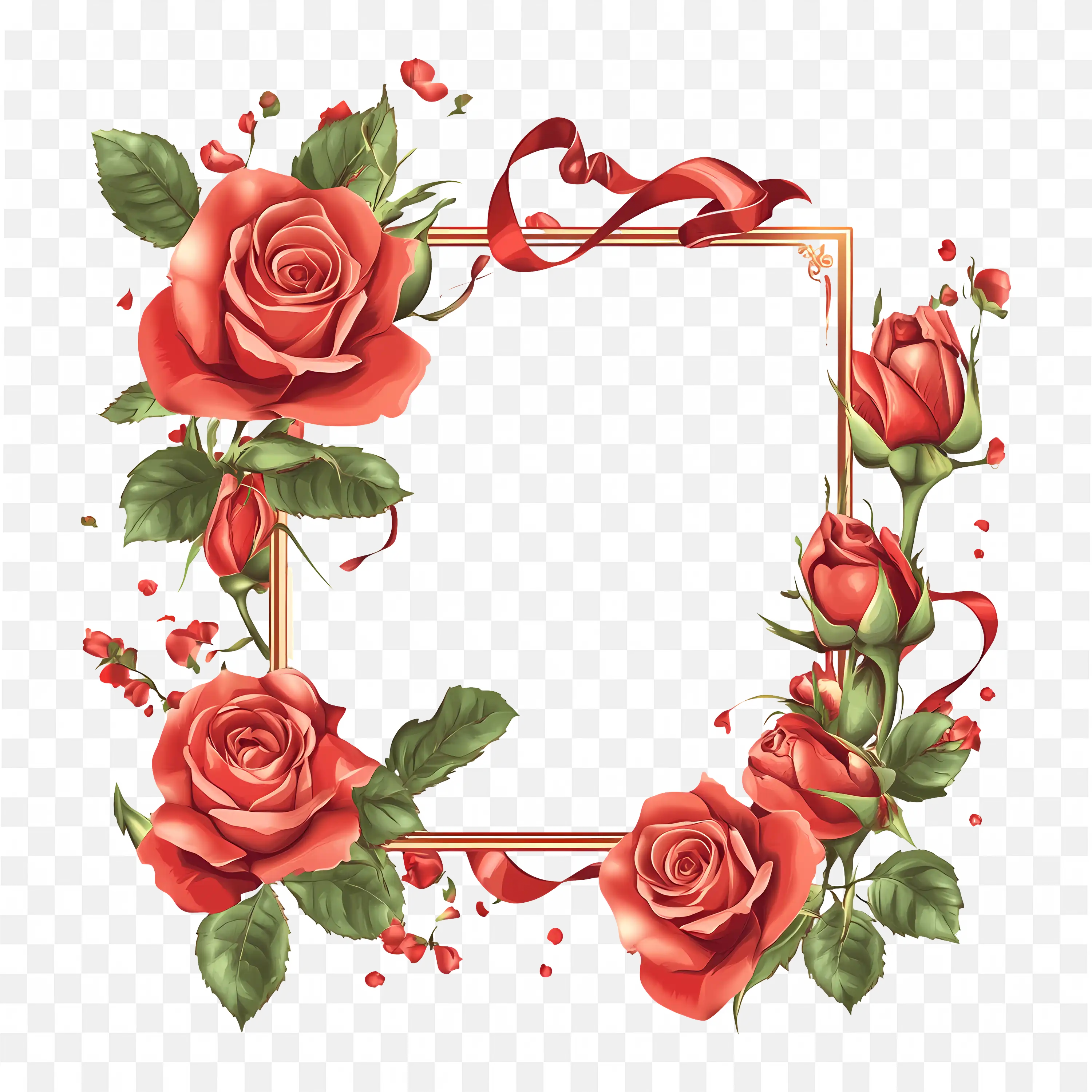 Romantic Frame with Red Roses and Bow Corner Design