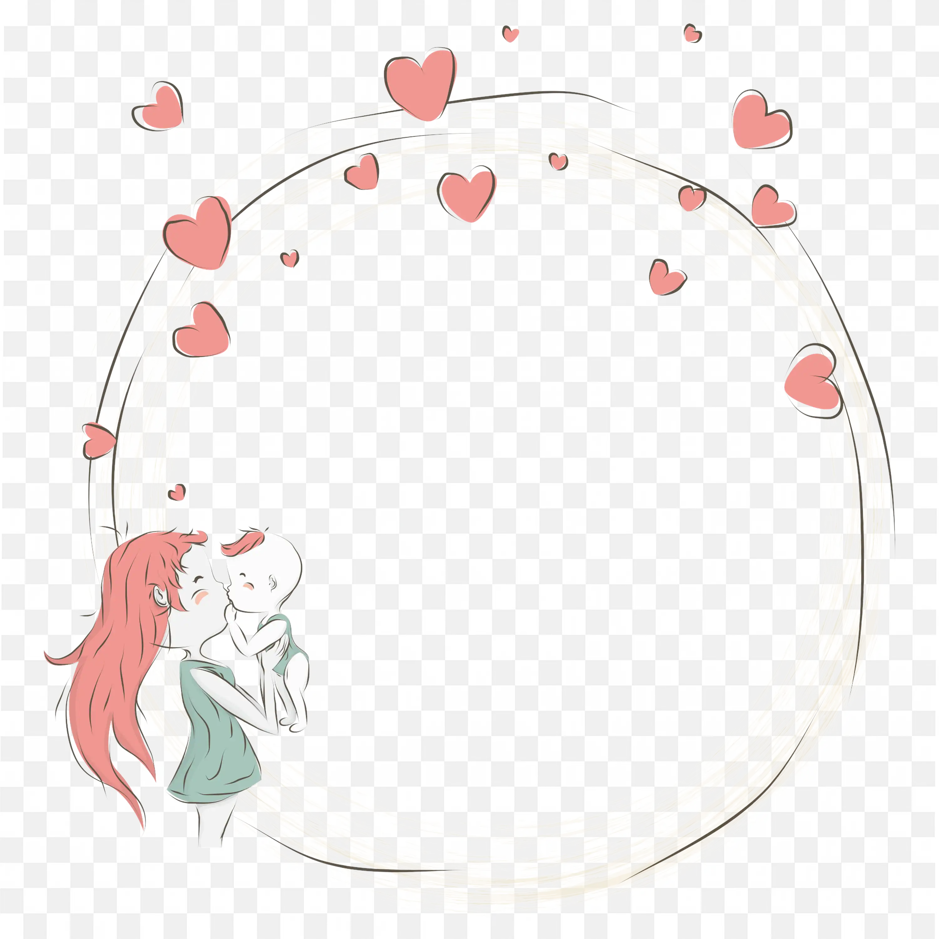 Romantic Round Frame with Red Hearts and Girl Png