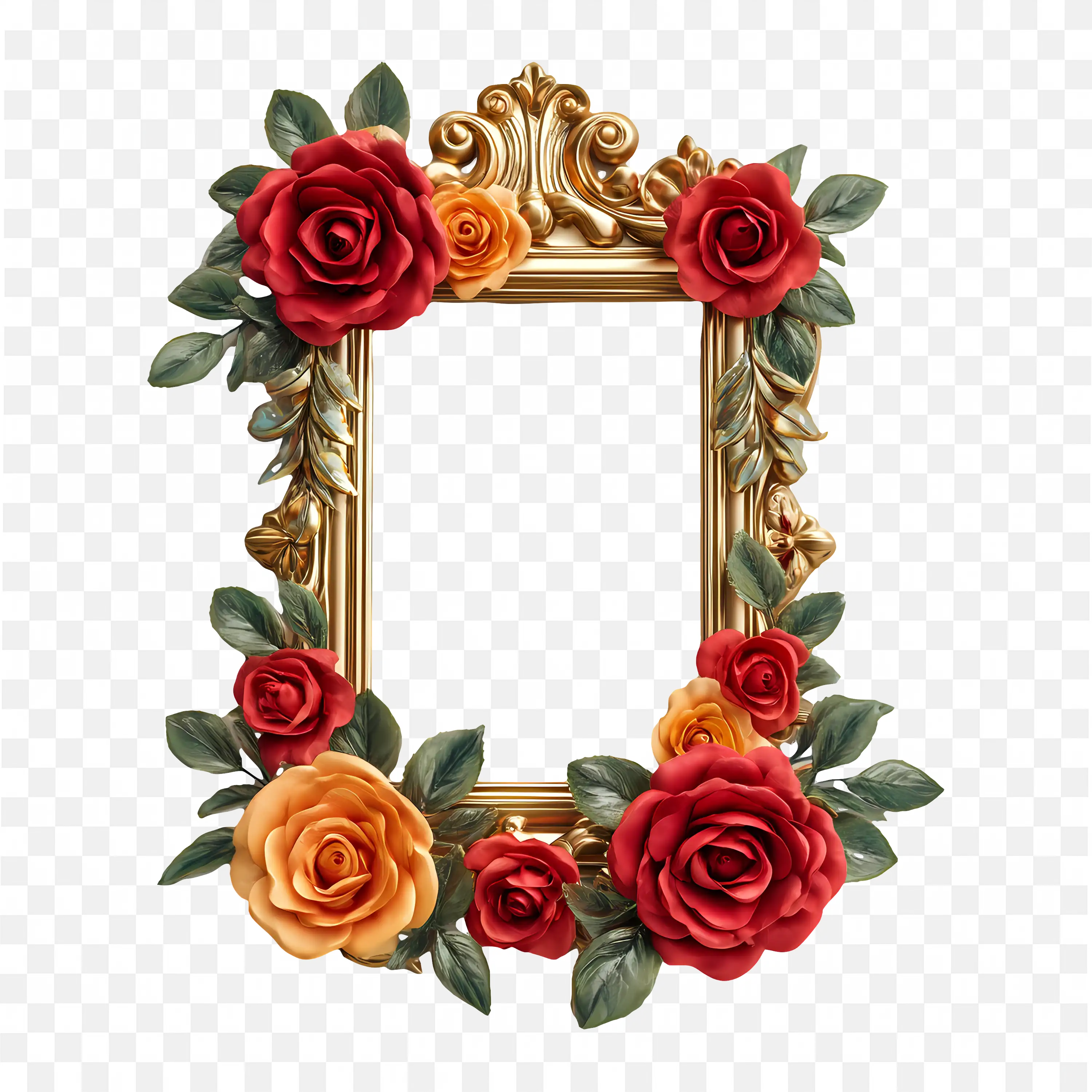 Vertical Floral Frame with Red Roses and Green Leaves Png