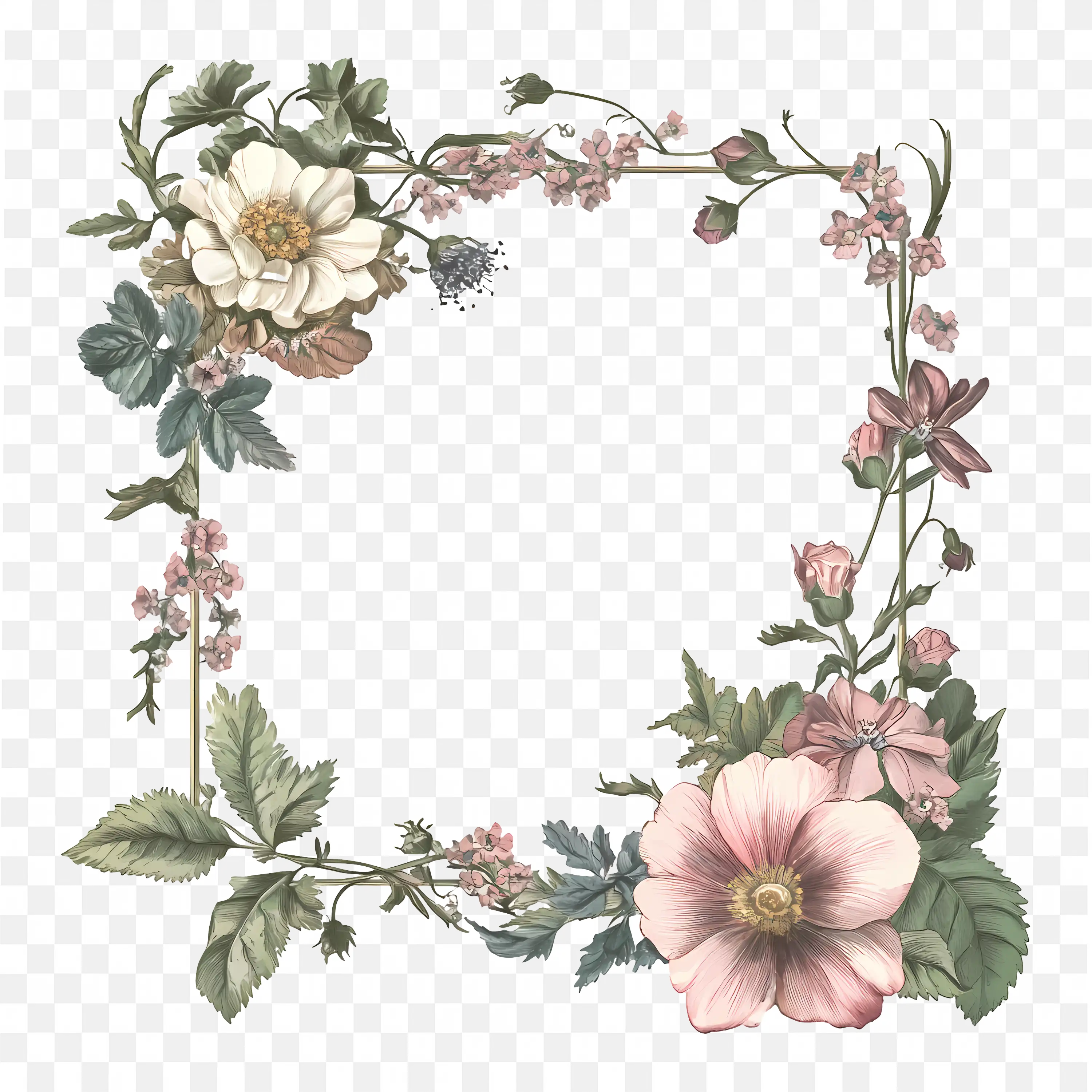 Vintage Frame with Roses and Hanging Leaves Png