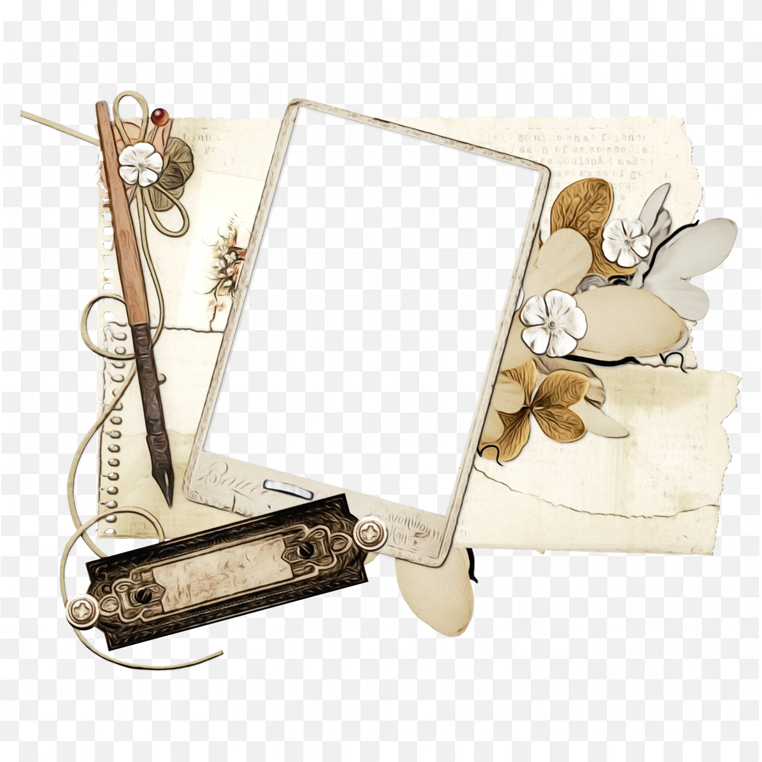 Vintage Paper Frame with Flowers and Classic Writing Tools