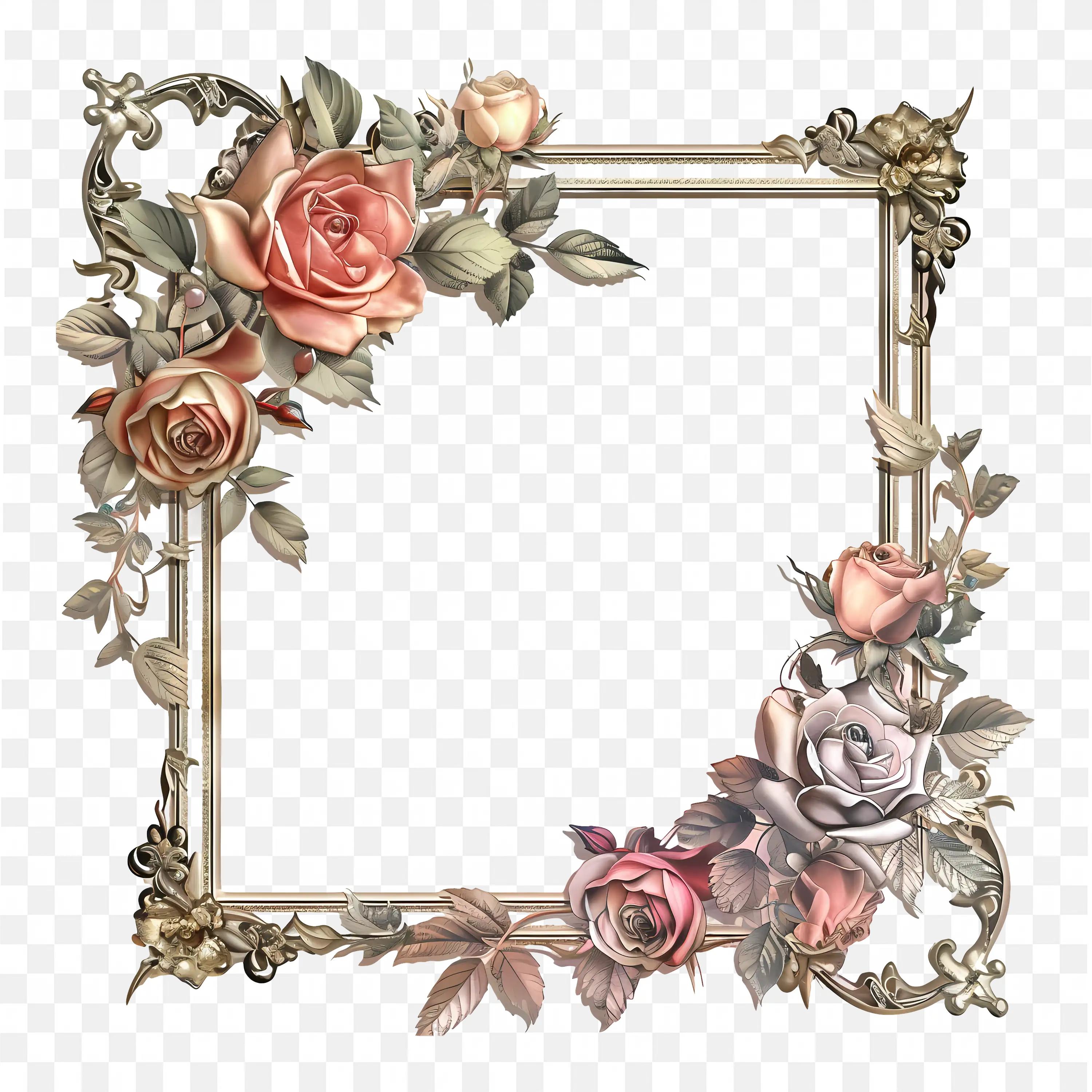 Vintage Rose Flower Frame with Rustic Square Border