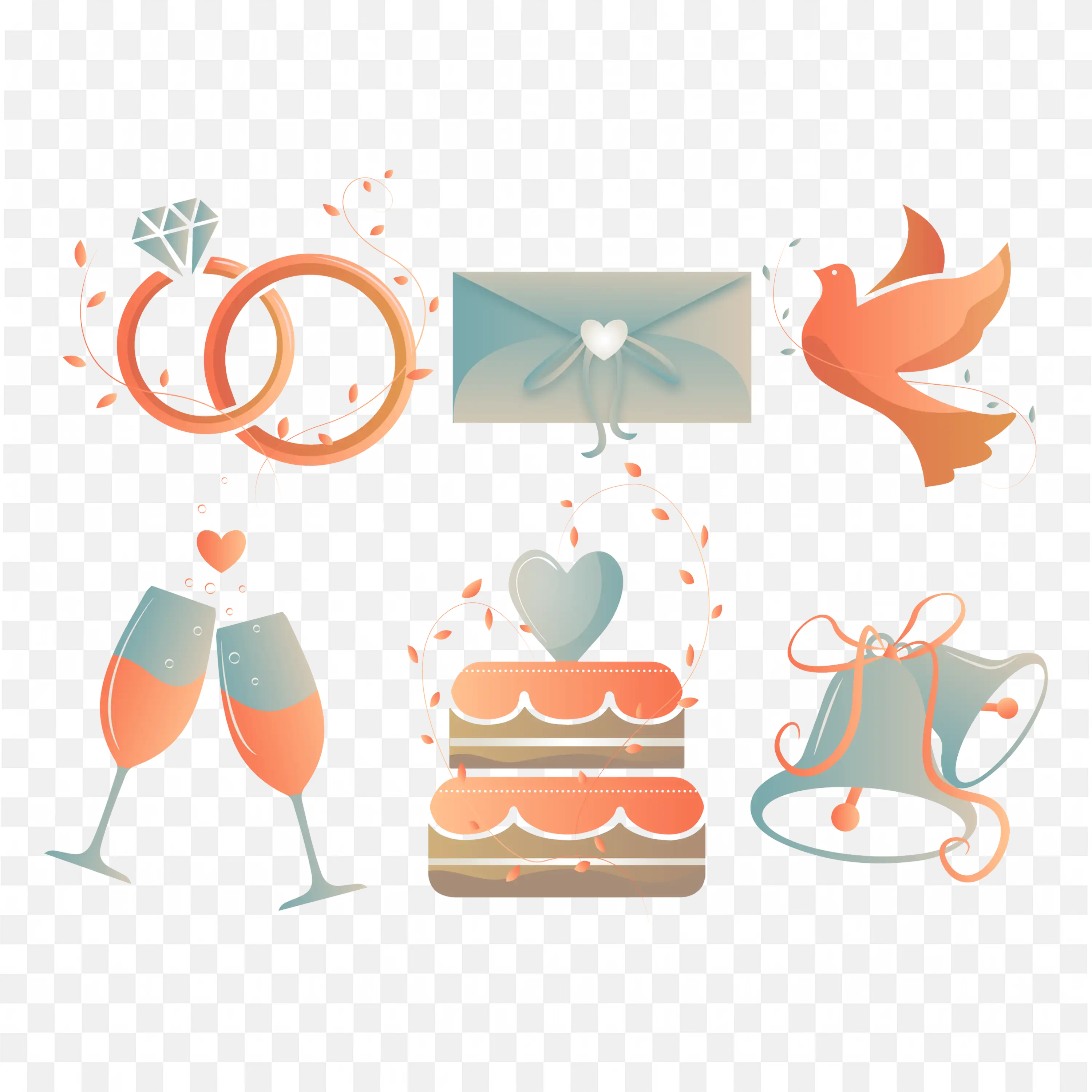 Wedding Icons Set Rings Cake Dove and Champagne Vector Art