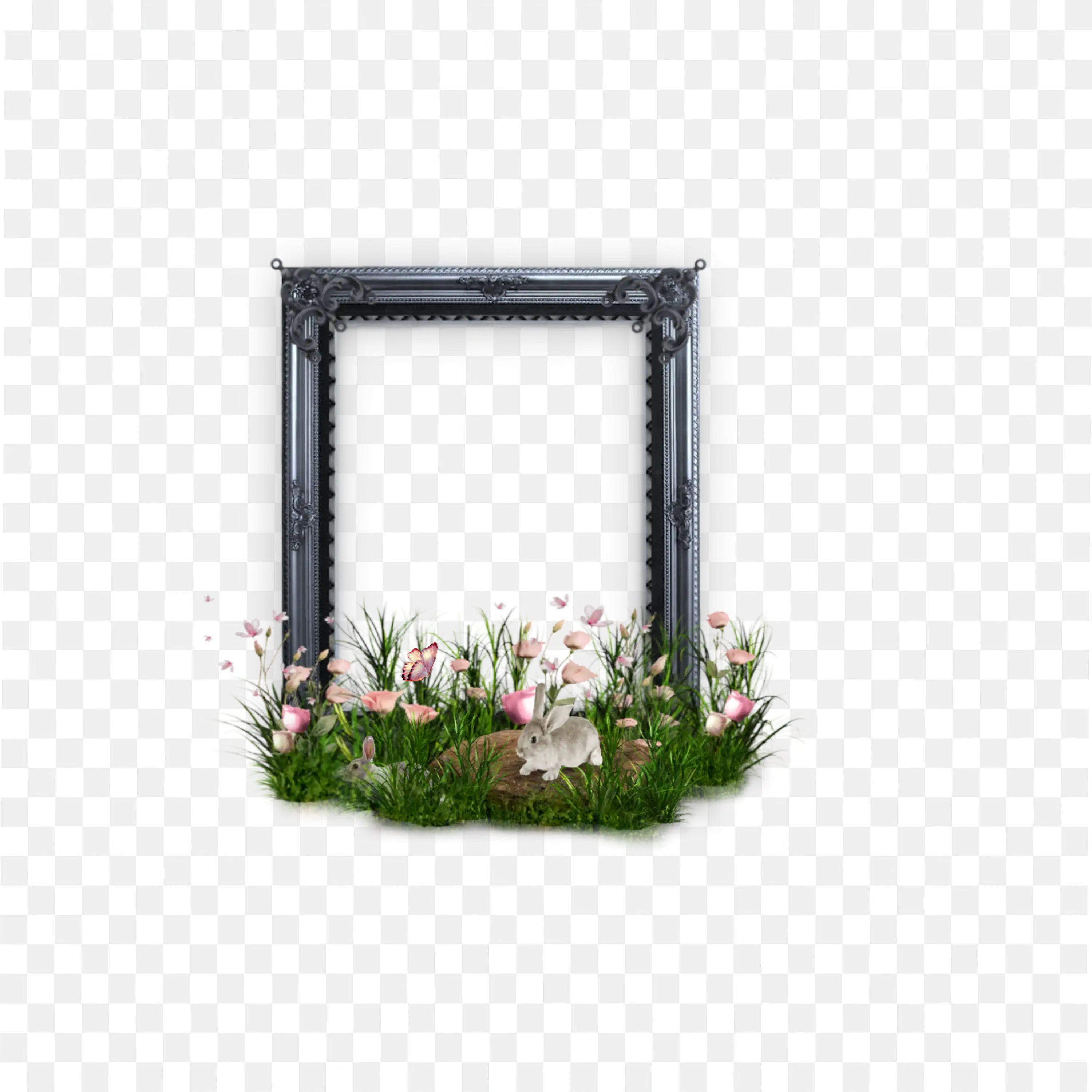 White Frame with Green Grass and Flowers Bottom Border