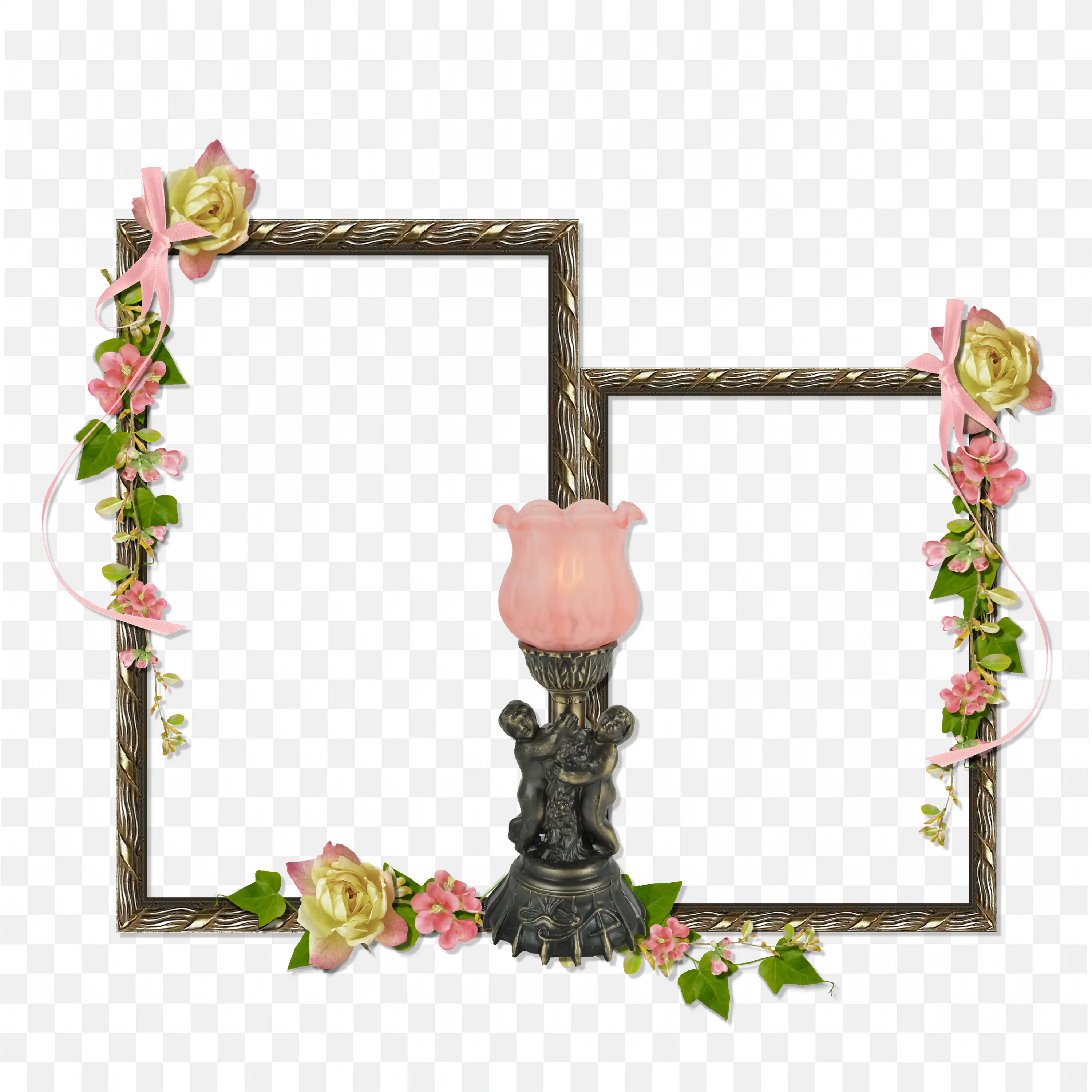 Wooden Double Hanging Frame with Pink Flower and Vines