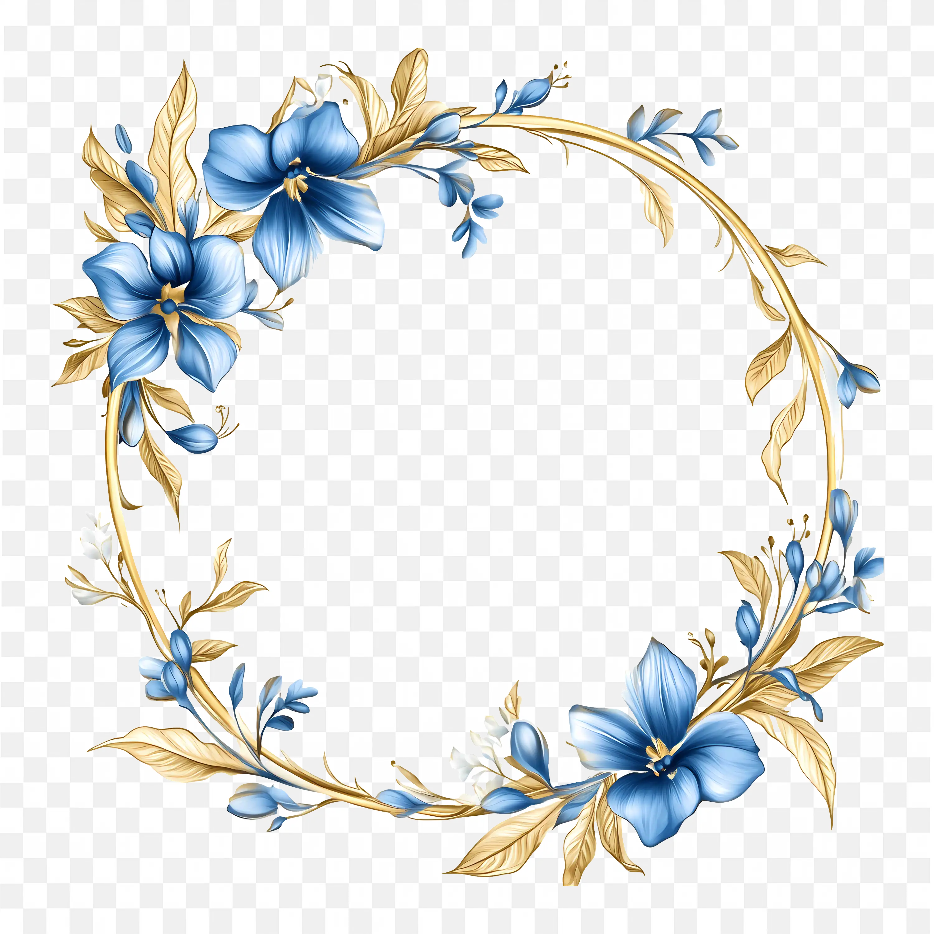 Yellow and Blue Leafy Round Floral Wreath Frame Png