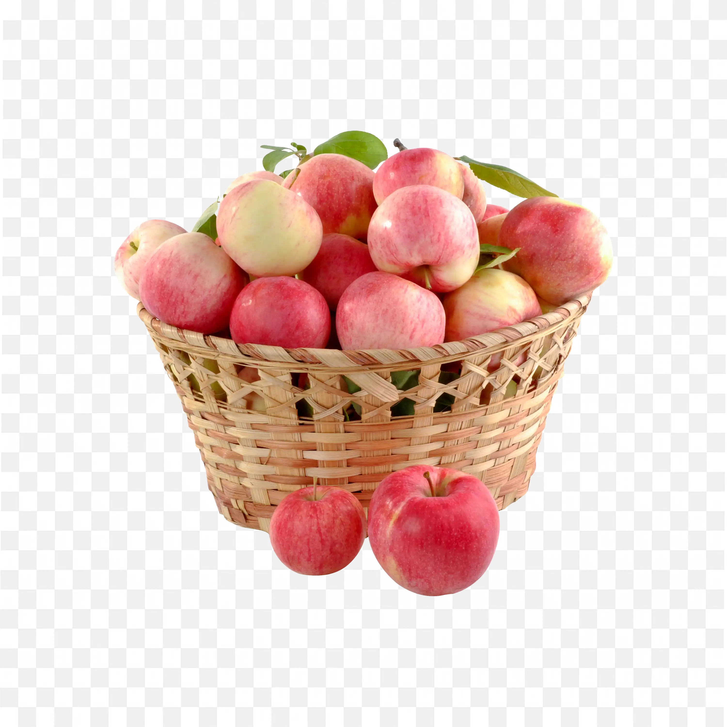 Basket of Fresh Pink Apples with Green Leaves Png Image