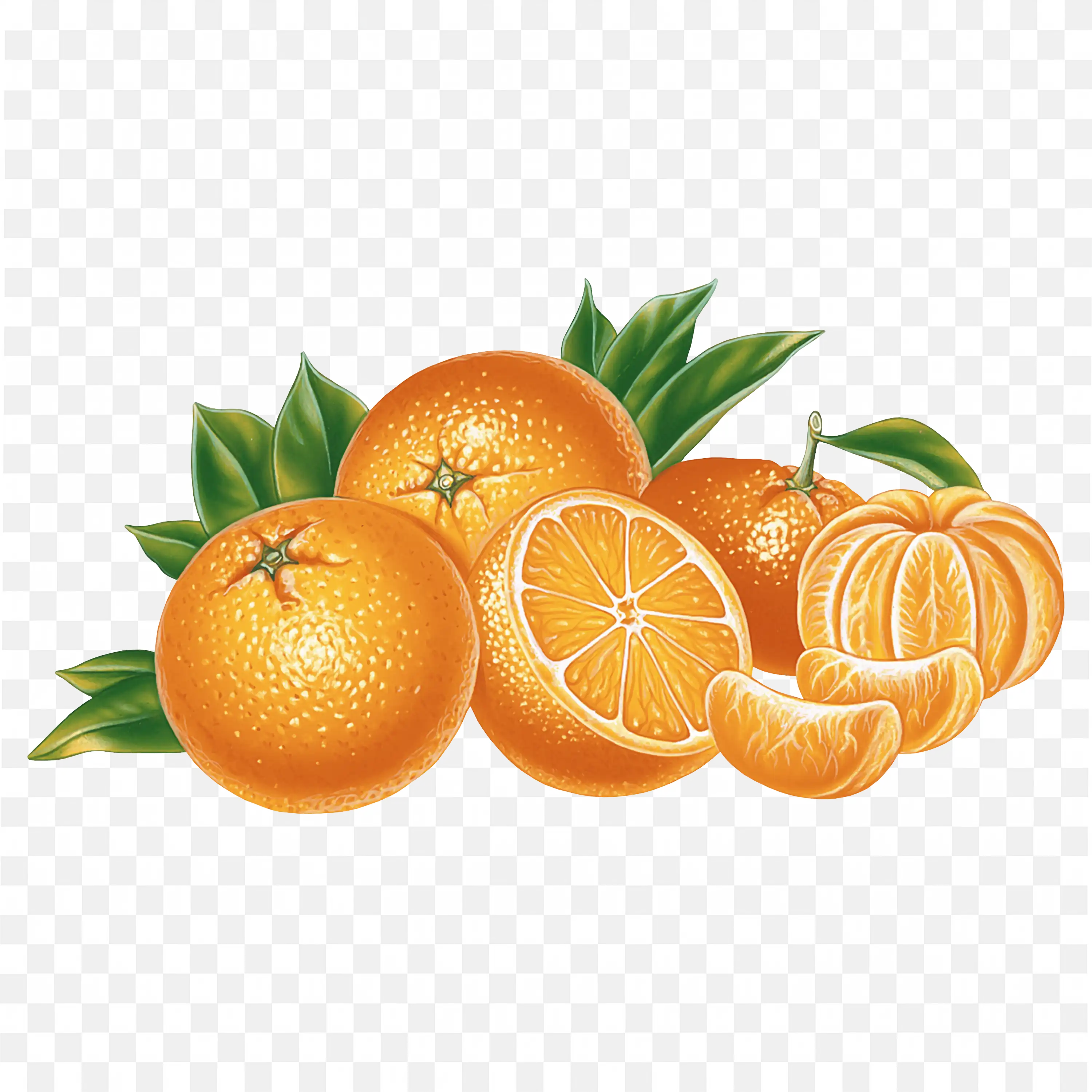 Closeup of Bright Citrus Orange Fruit with Green Leaves Png