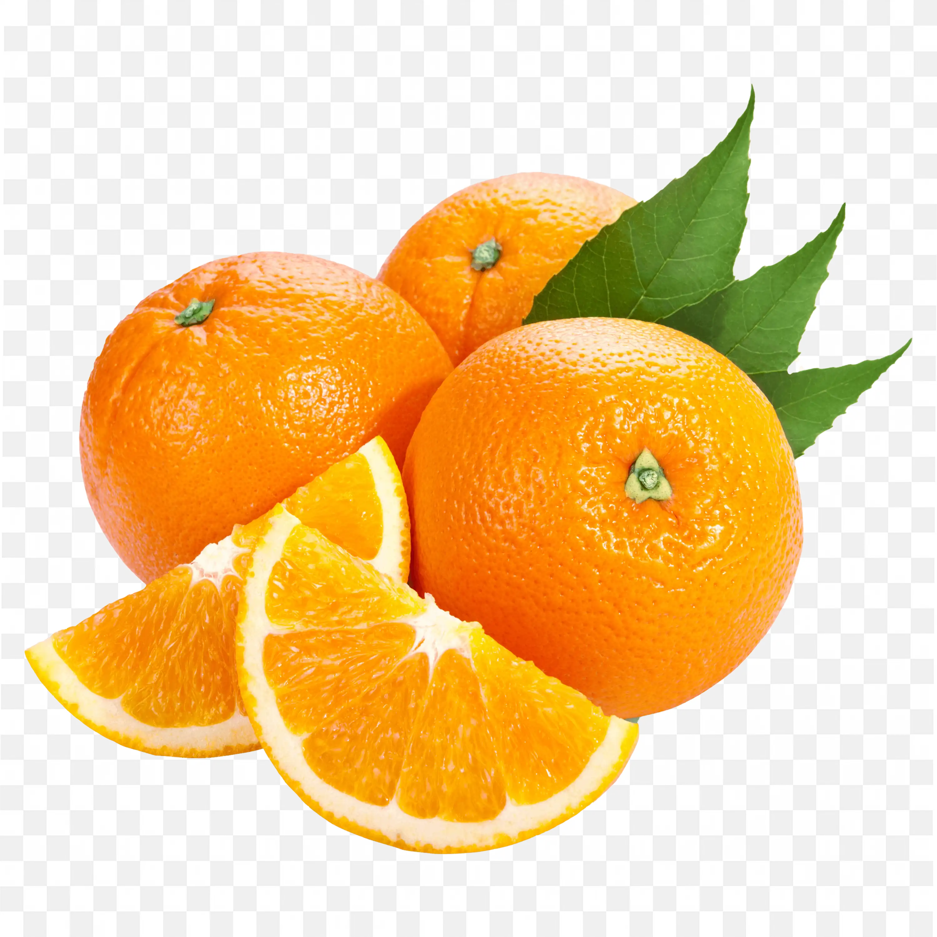 Cluster of Fresh Sweet Oranges in Slices with Leaves Png