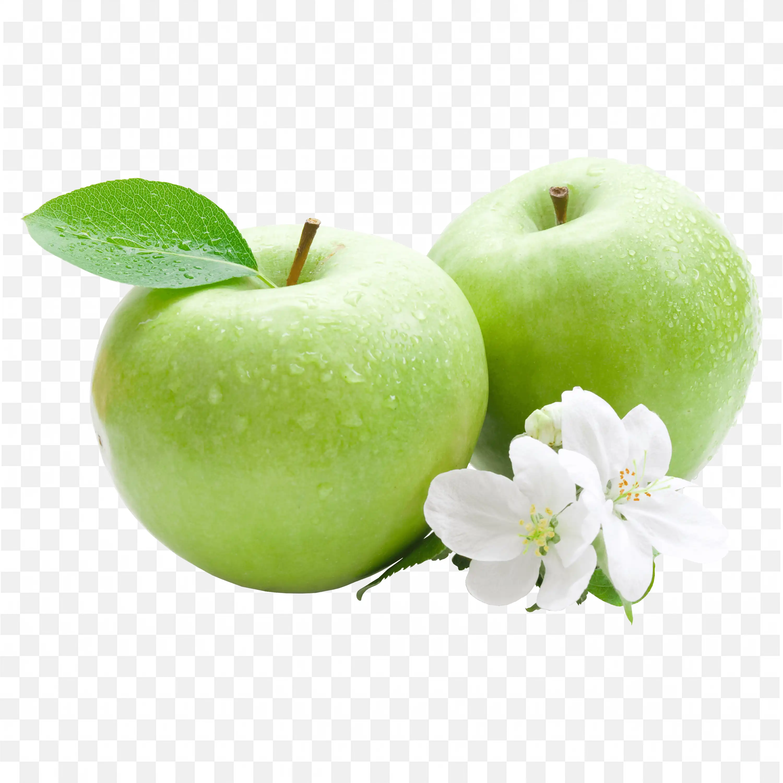 Green Apples in Water Drop with Blossoms and Leaves Png