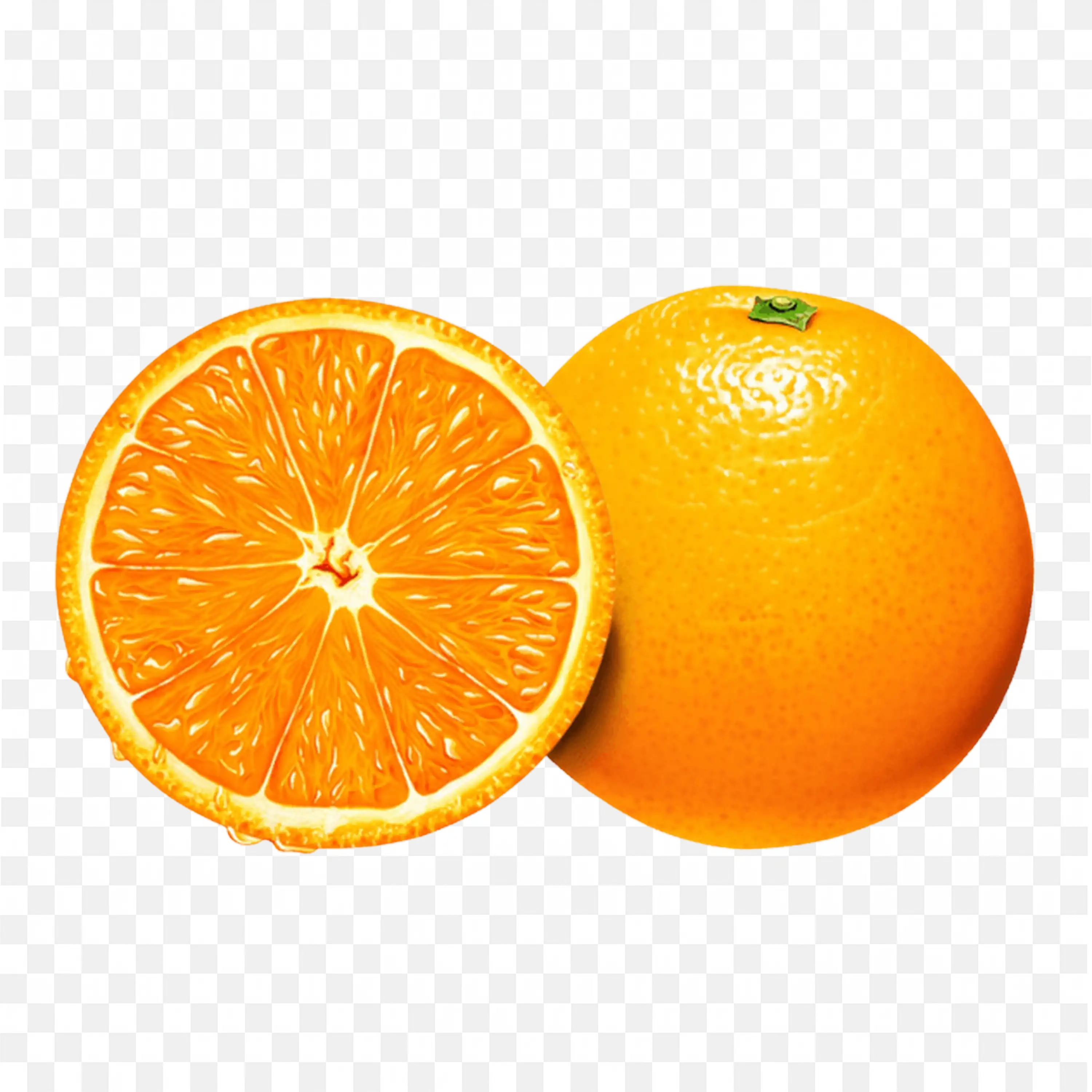 Orange and Halved Orange Showing Its Juicy Pulp Outside Png