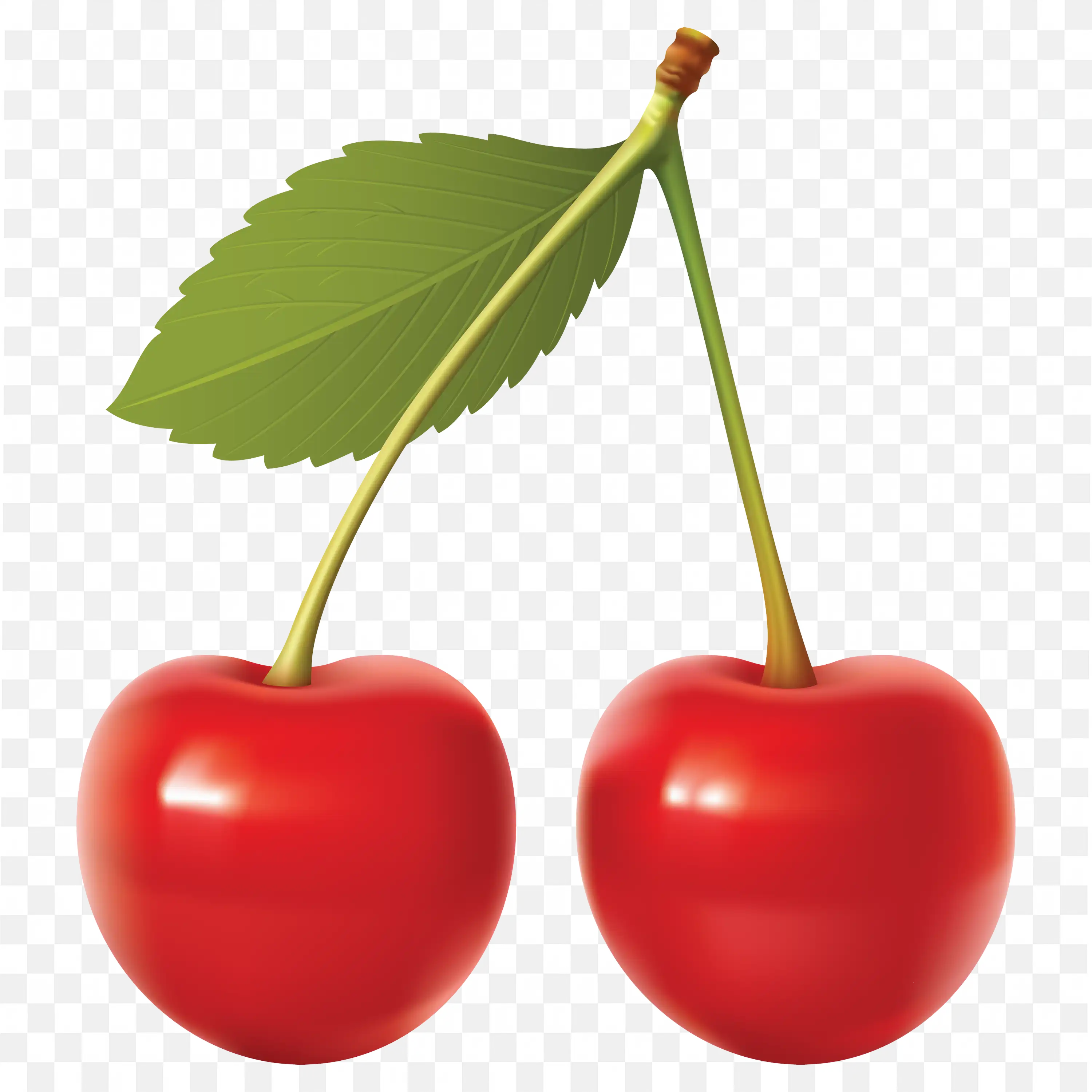 Pair of Red Cherries with a Fresh Green Leaf Free Png Image