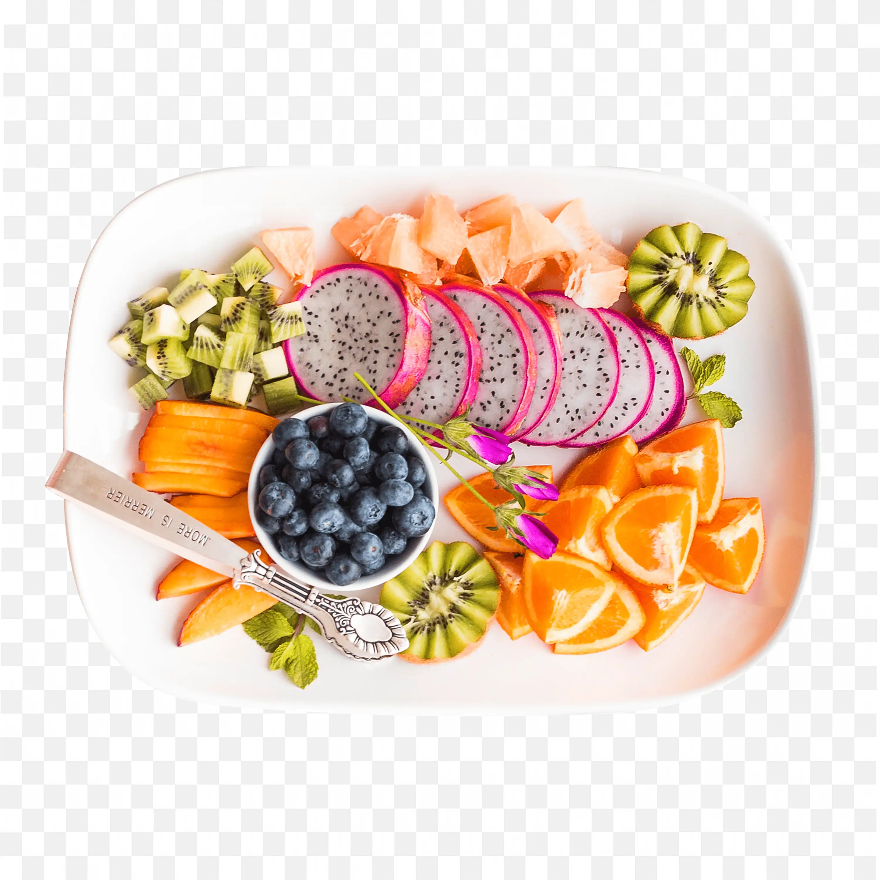 Plate with a Collection of Tropical Fruits Sliced Png Free