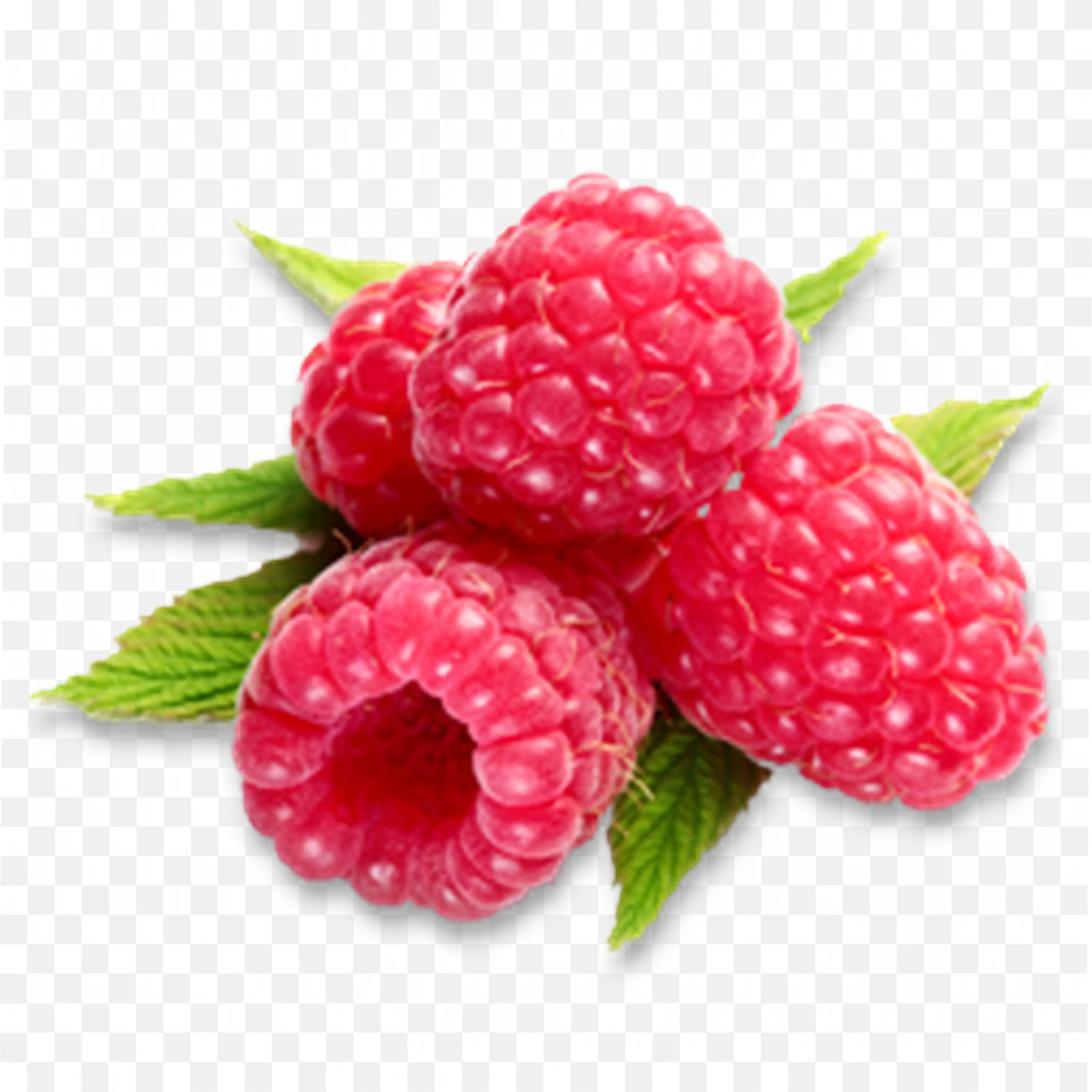 Red Raspberries with Leaves Gathered Together in Bunch Png