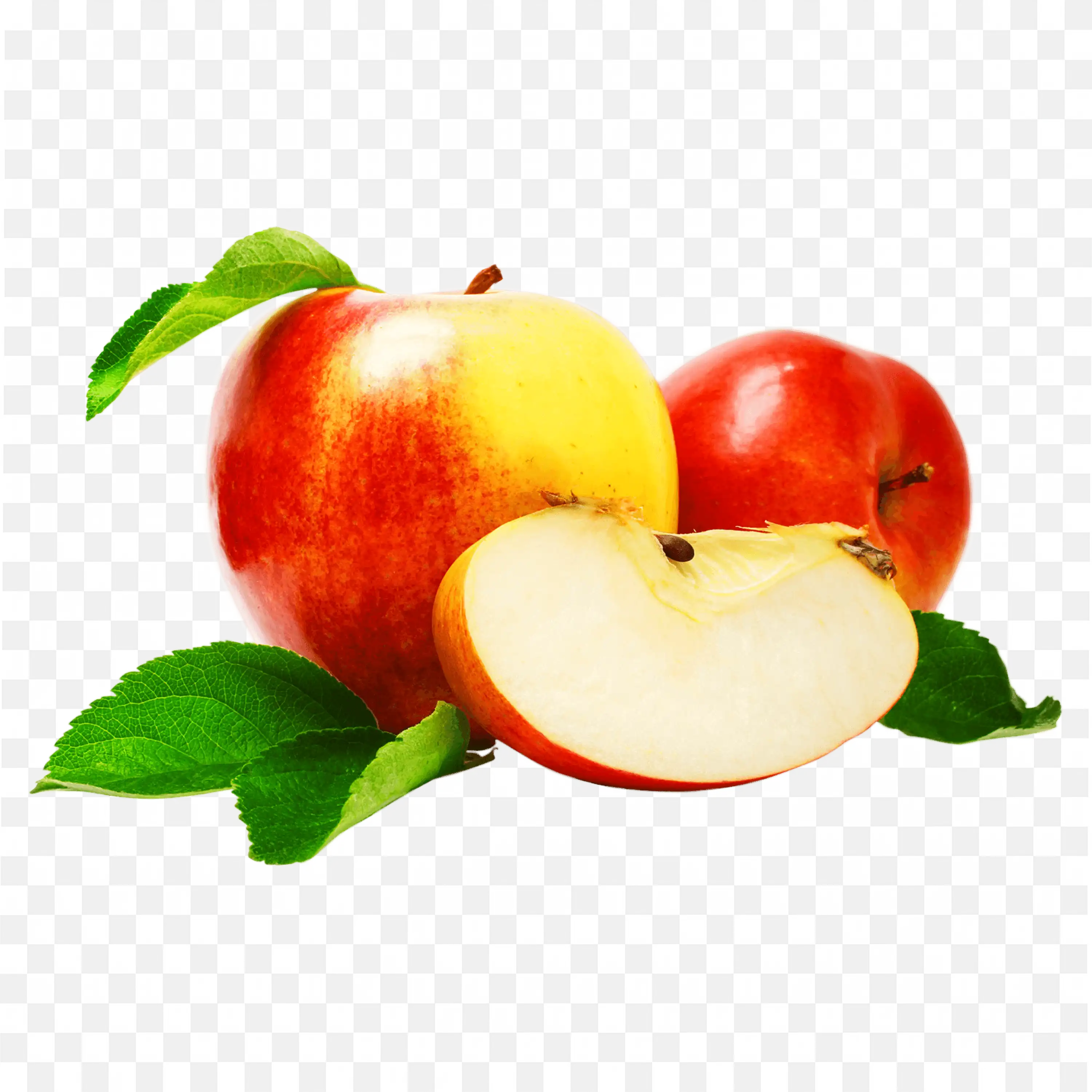 Red with Yellow Colour Mixed Apple with Green Leaves Png