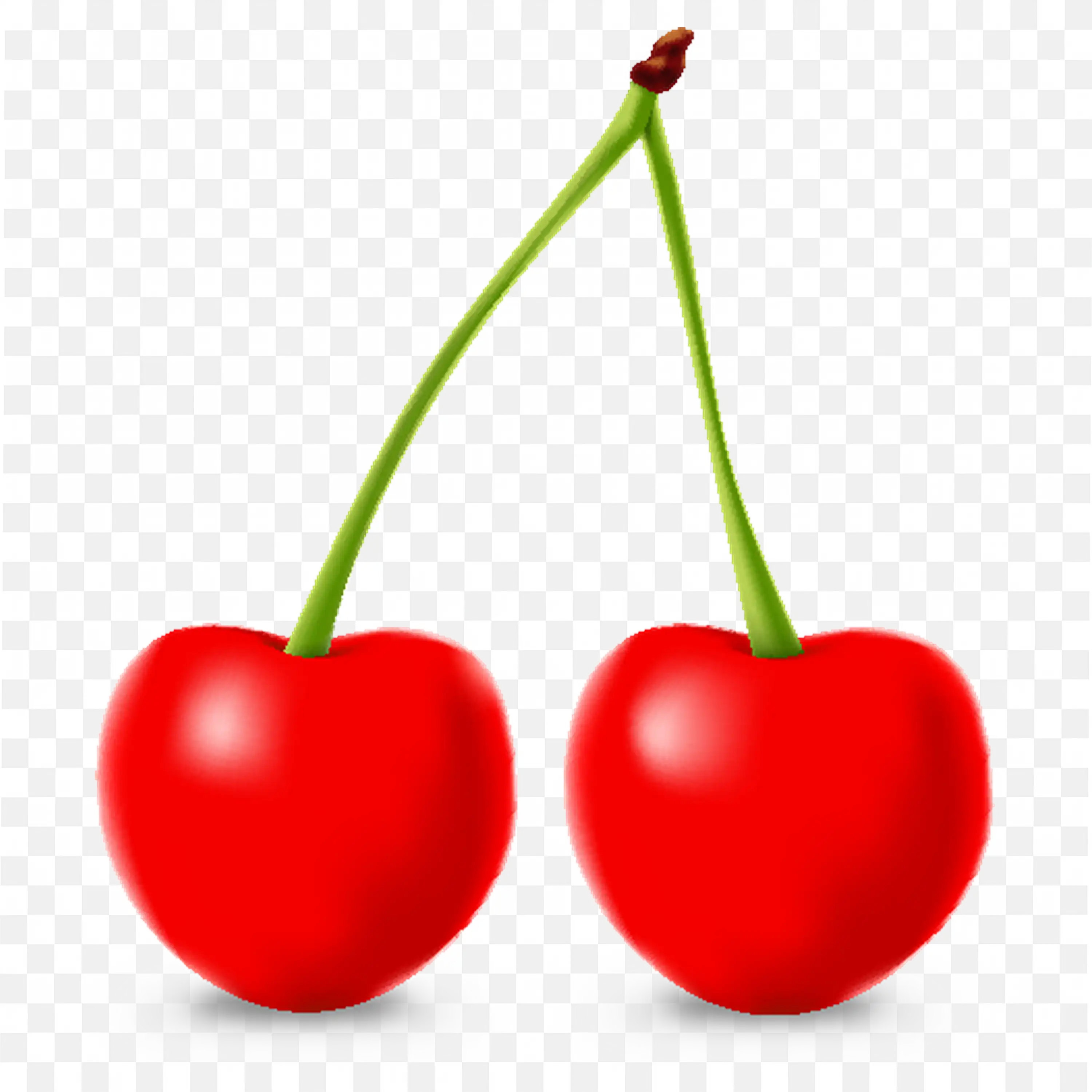 Twin Bright Heart Shaped Red Cherries with Green Stem Png