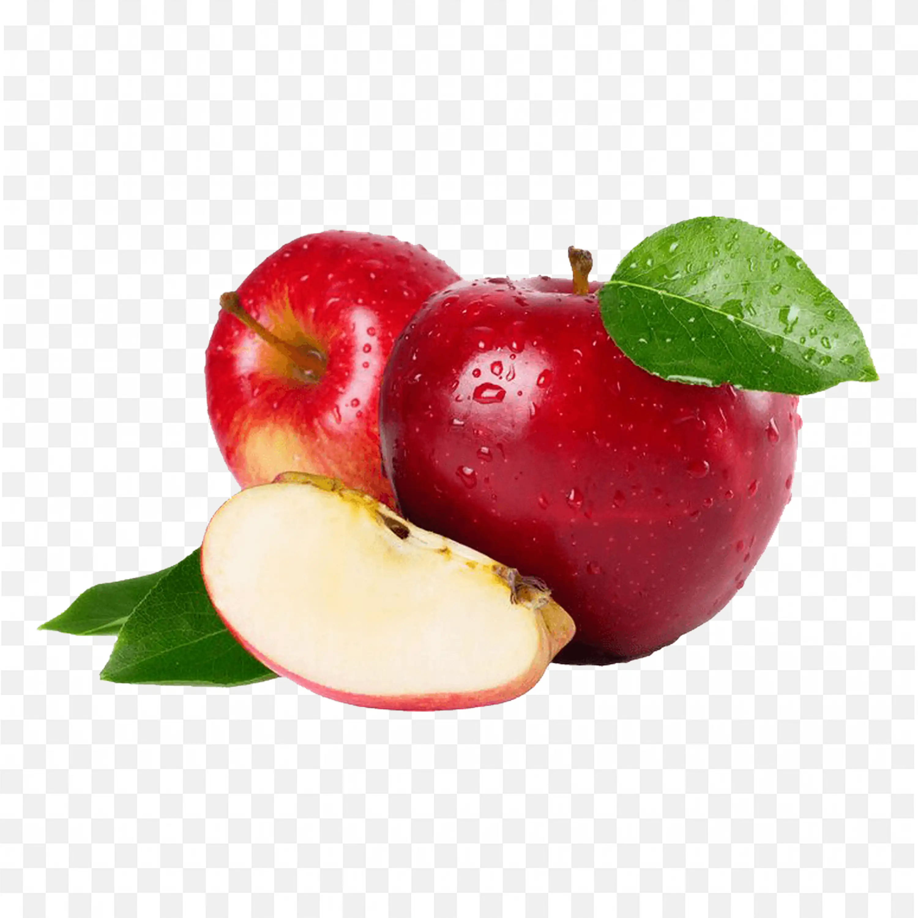 Two Red Apples with Water Drop Effect and Bright Leaf Png