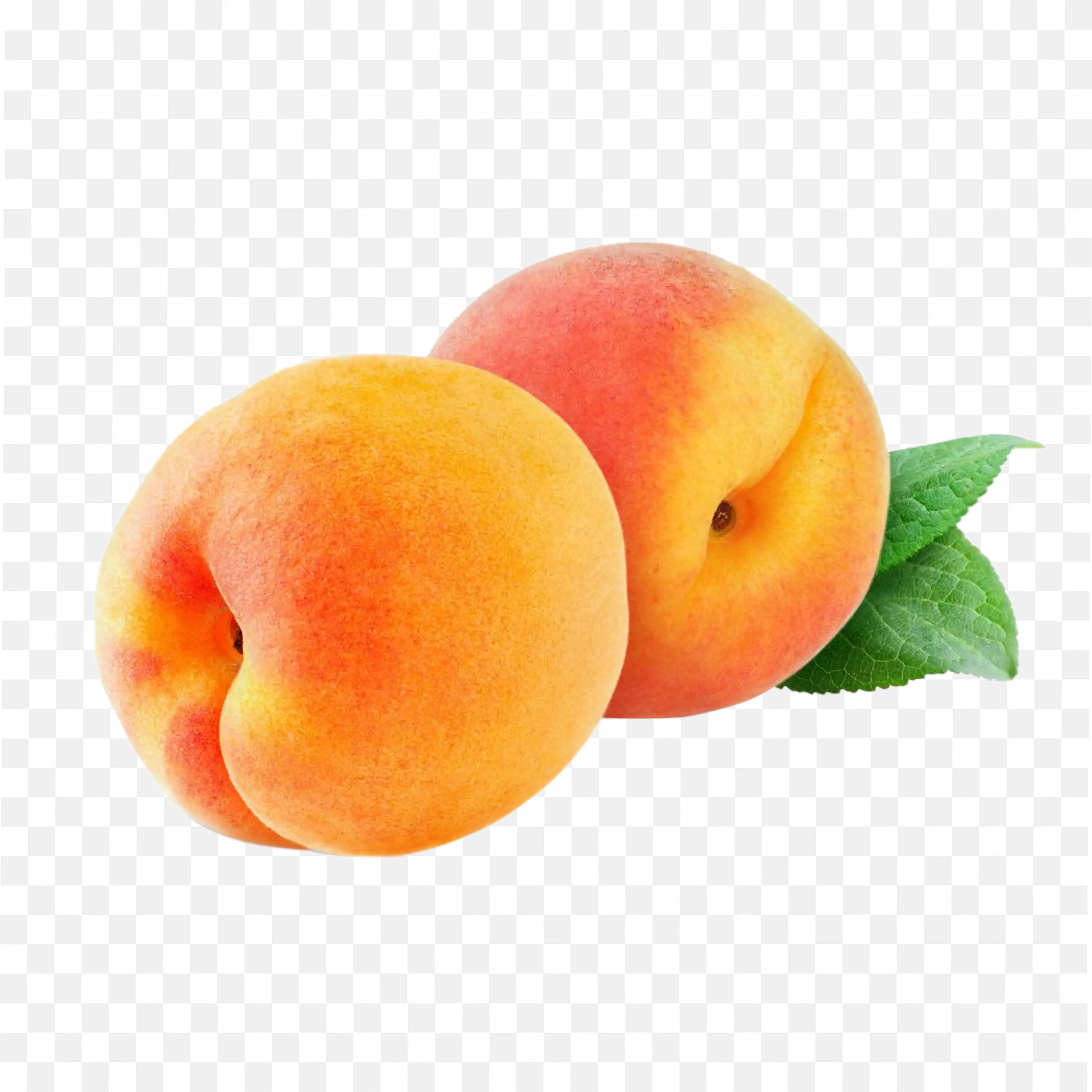 Two Ripe Peaches with Soft Fuzzy Skin and Fresh Green Leaves