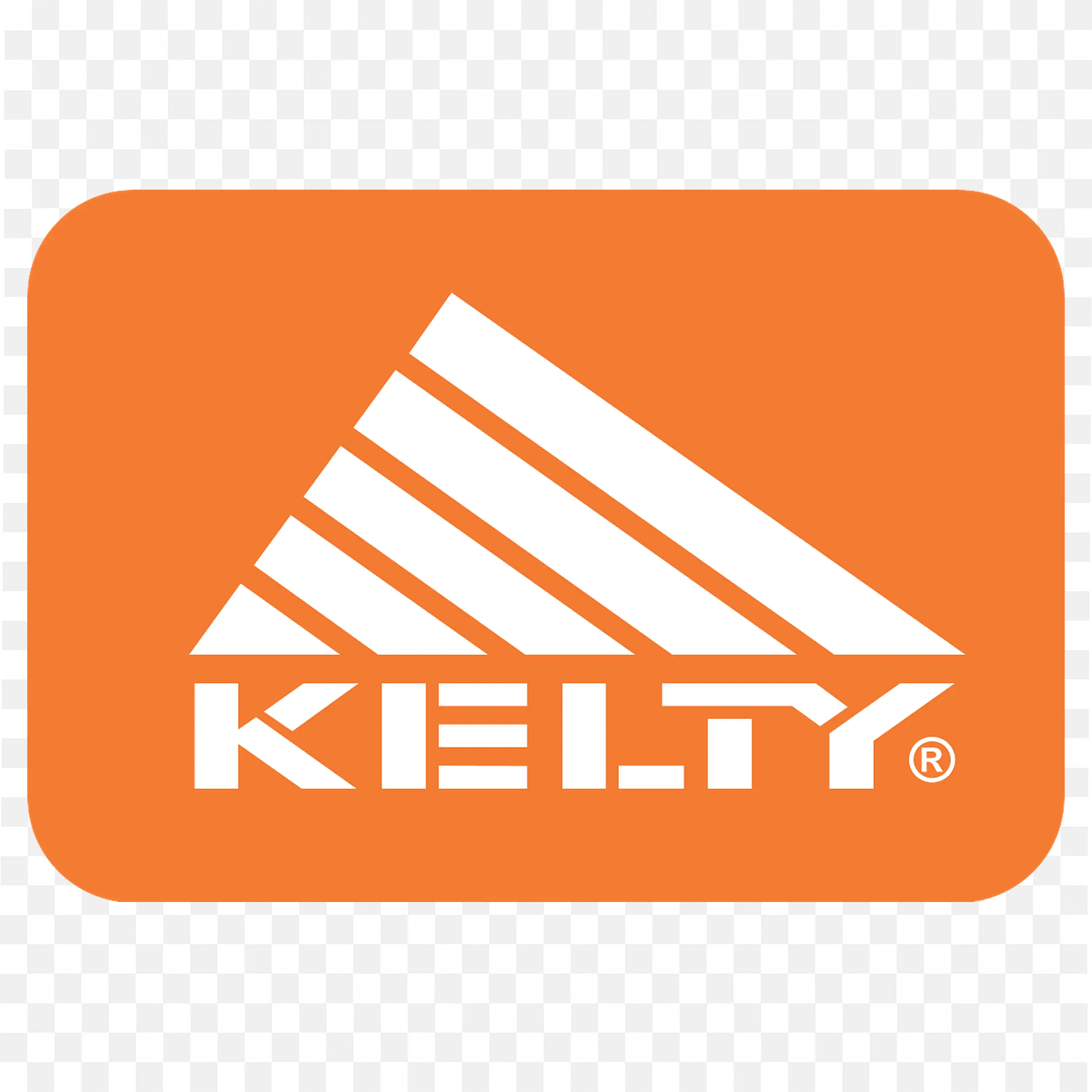 Kelty logo with white mountain stripes on orange background