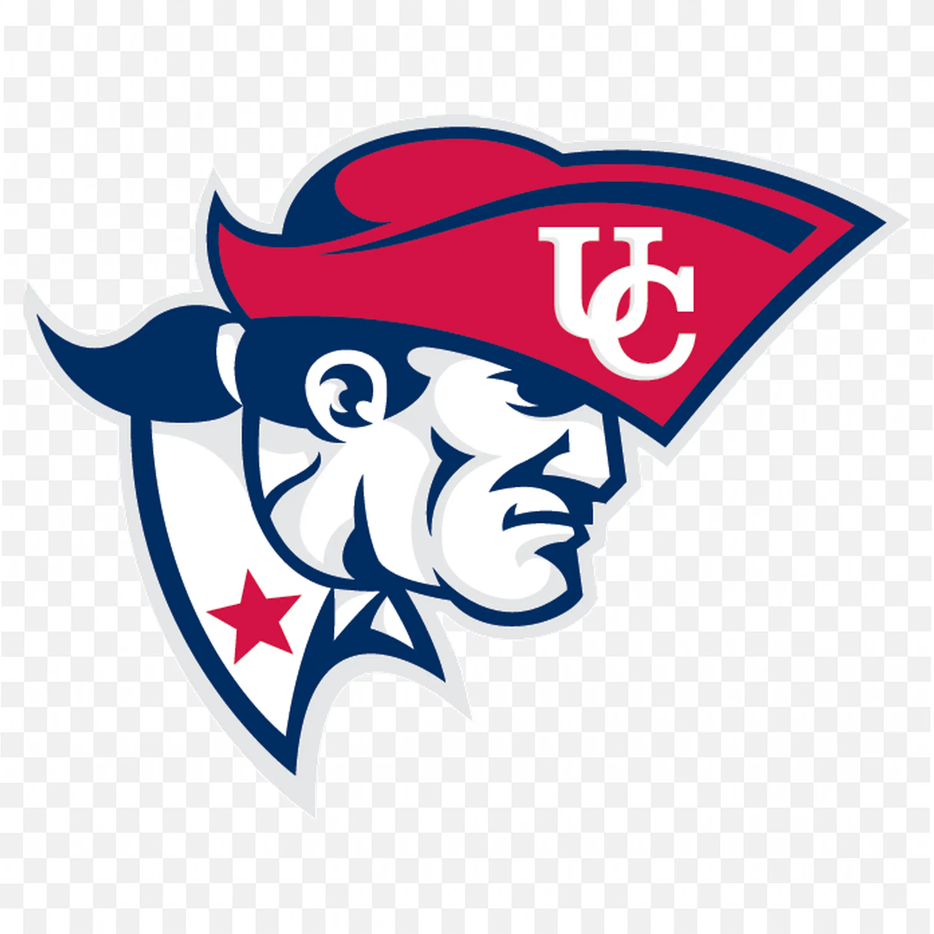 Patriot head logo red hat with UC initials sports team PNG