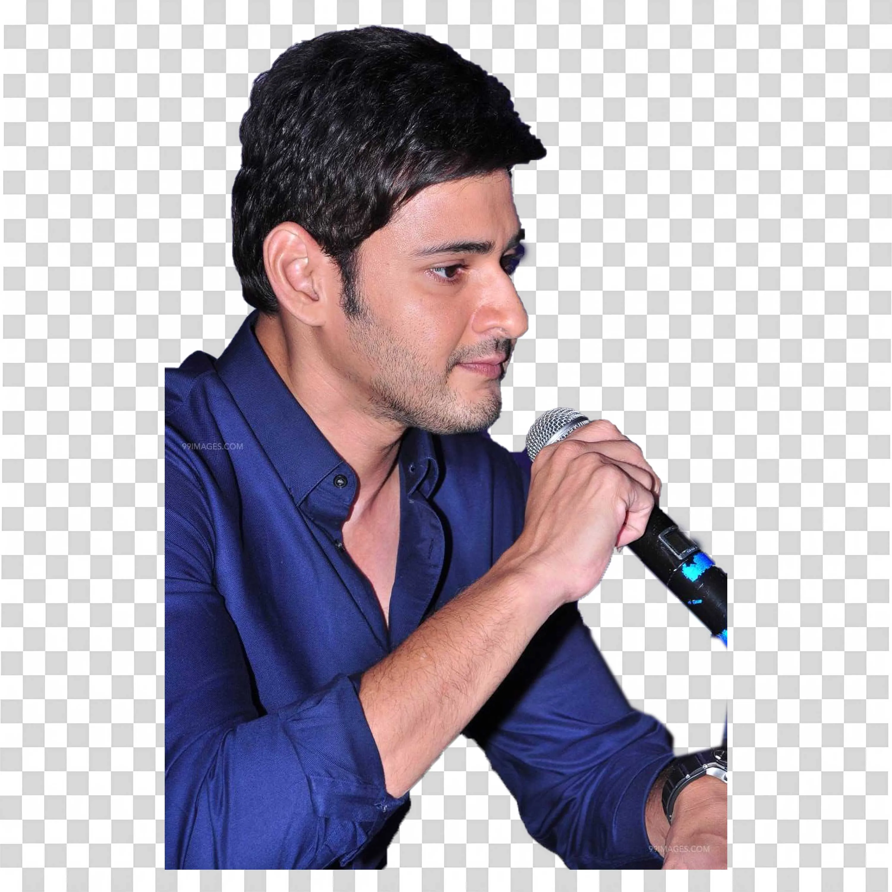 Mahesh Babu wearing Blue Shirt Holding Mic Looking Side PNG