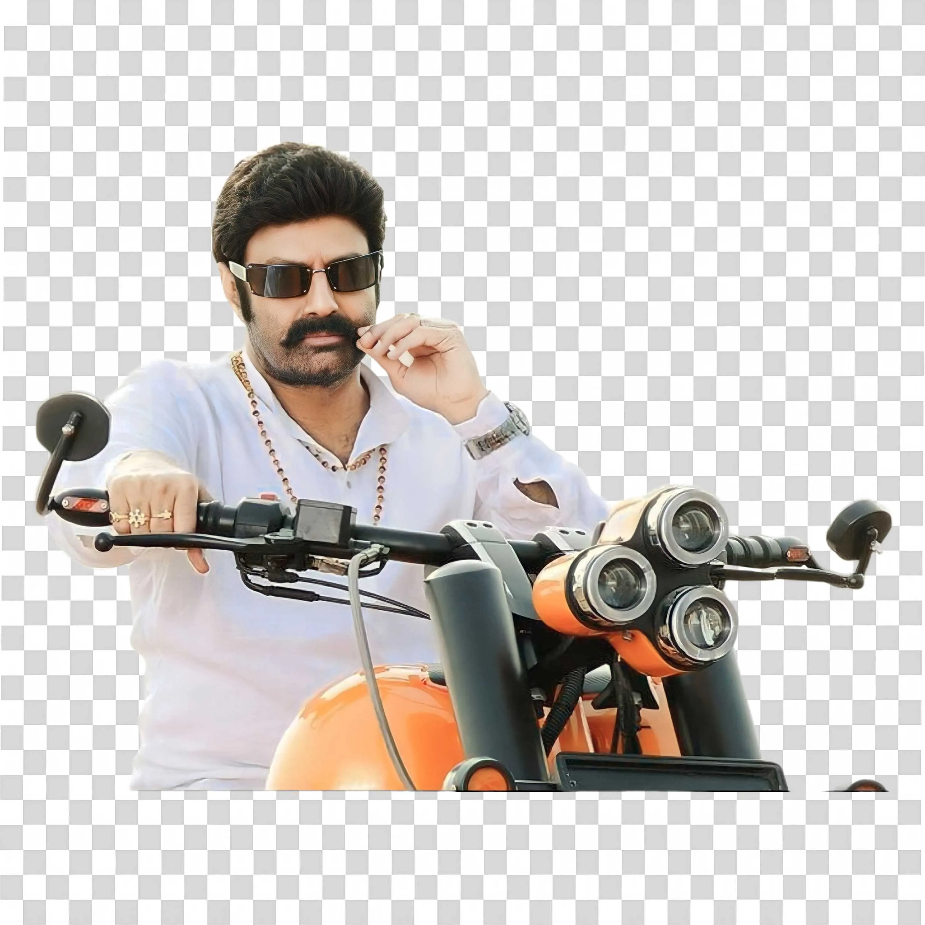 Nandamuri Balakrishna Sitting on Bike Wearing White Shirt PNG