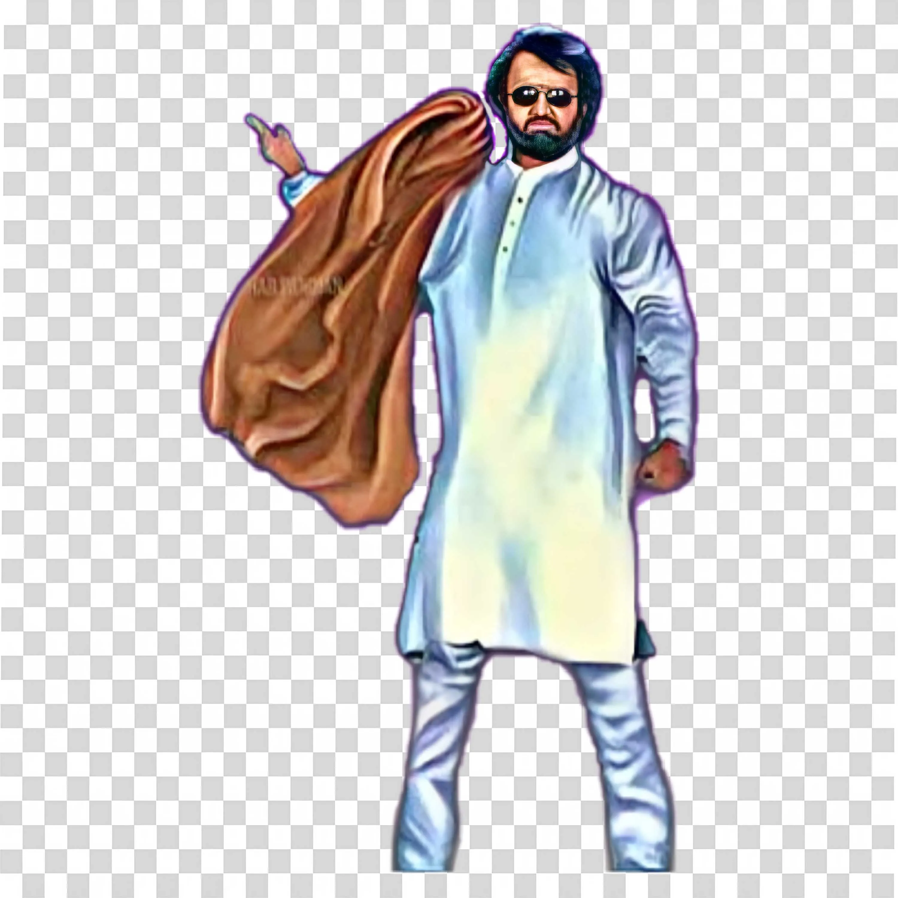 Padayappa Rajinikanth PNG White Kurta with Shawl Art