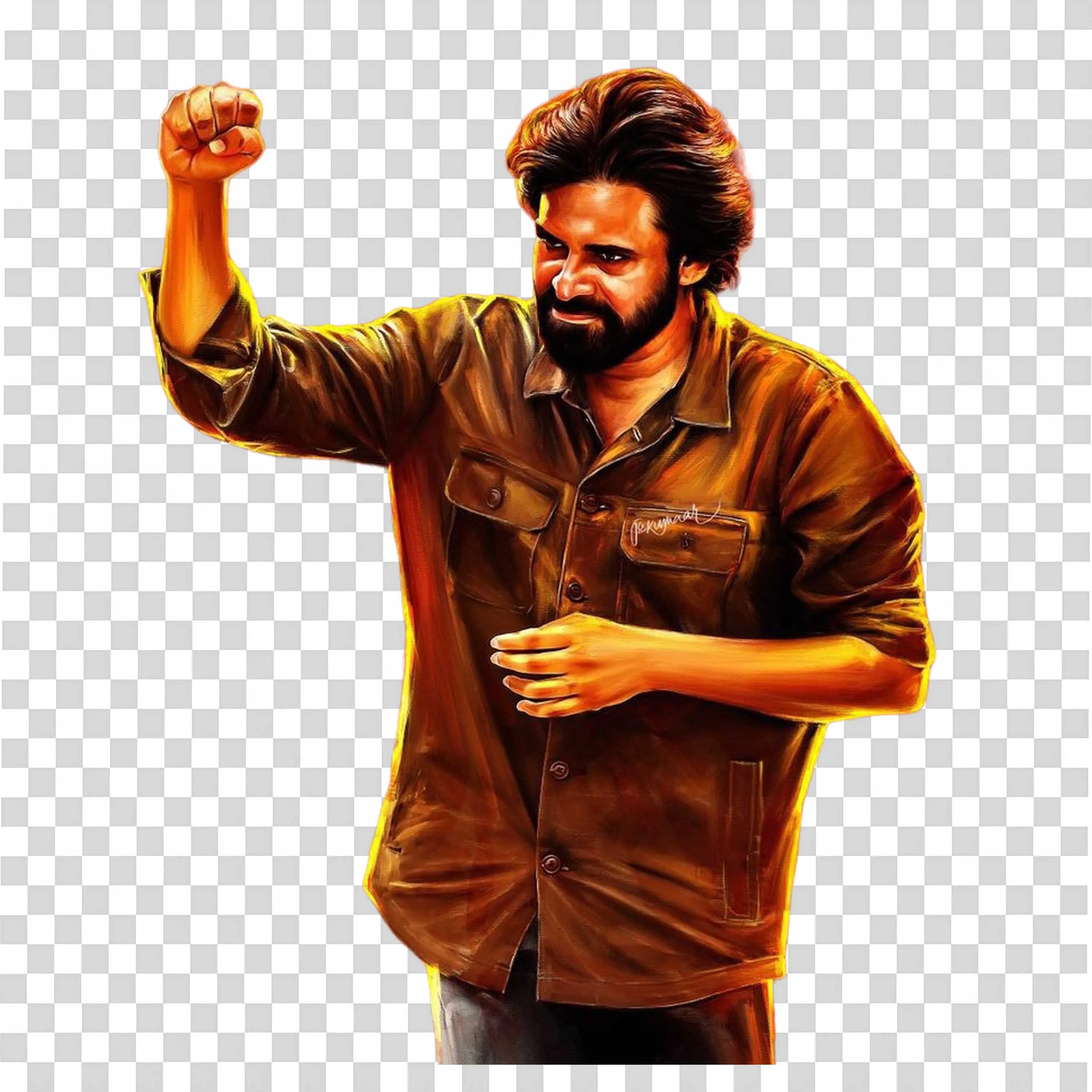 Pawan Kalyan Raising Hand in Brown Shirt PNG Transparent