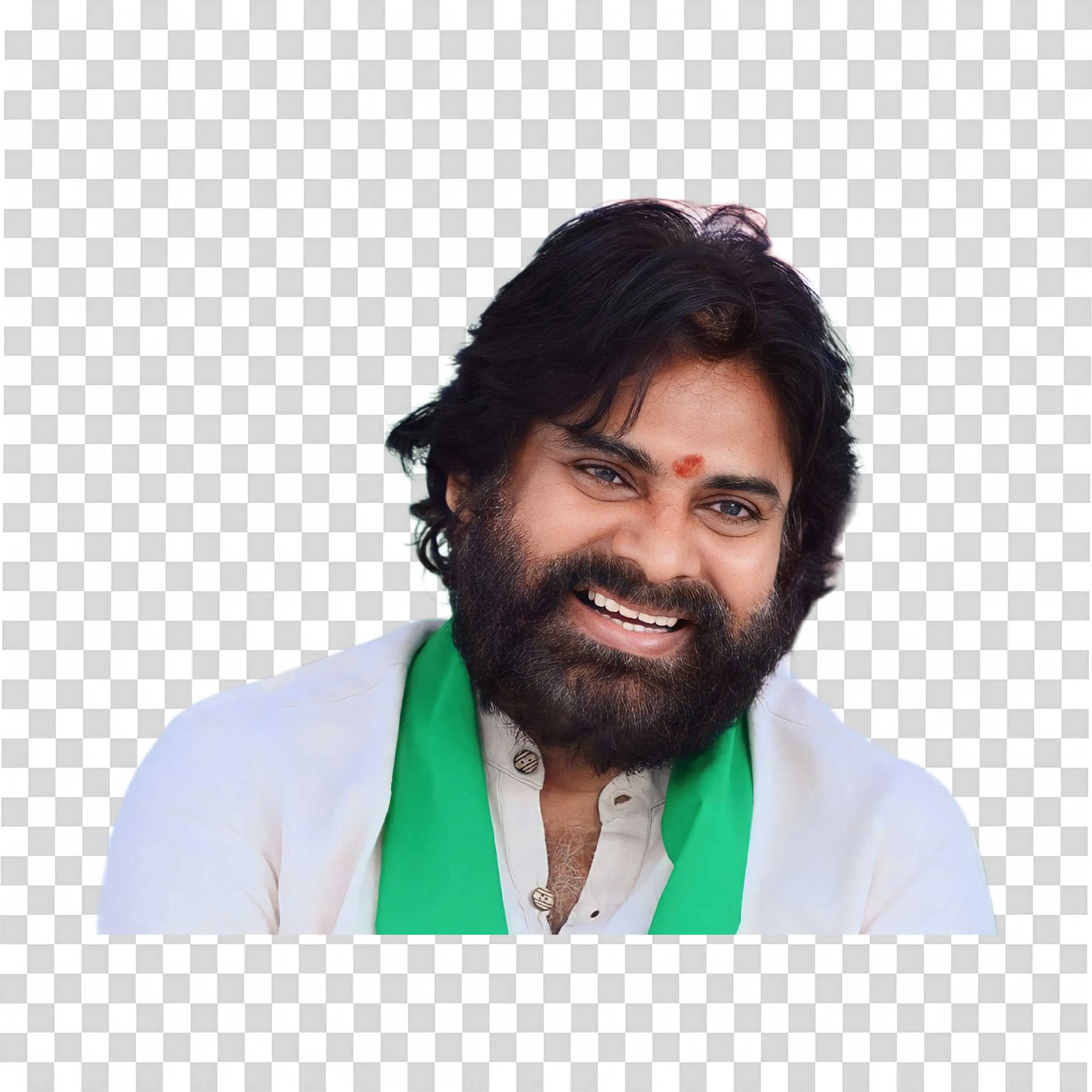 Pawan Kalyan Smiling in White Kurta with Green Scarf PNG