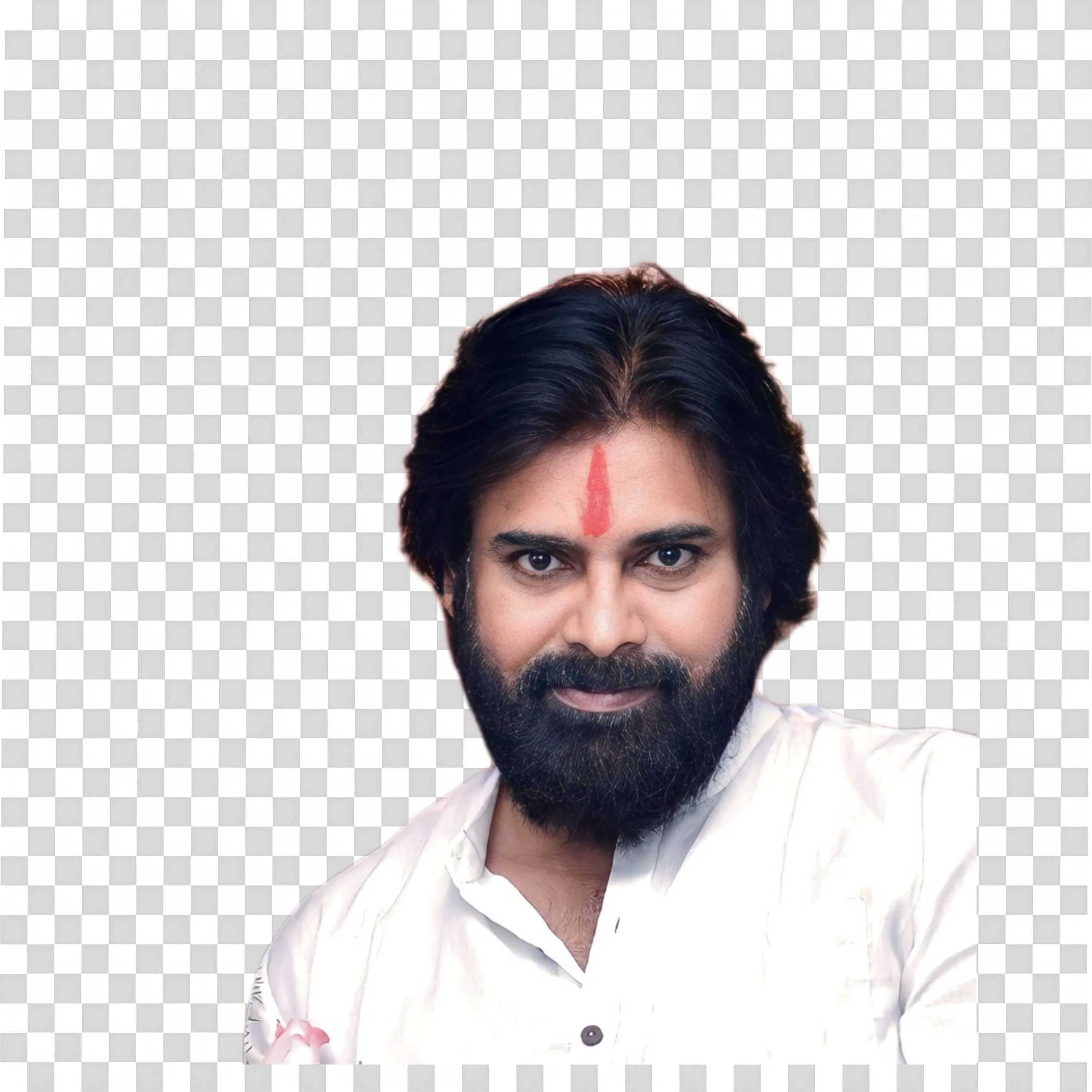 Pawan Kalyan Smiling with Red Tika White Shirt PNG Image
