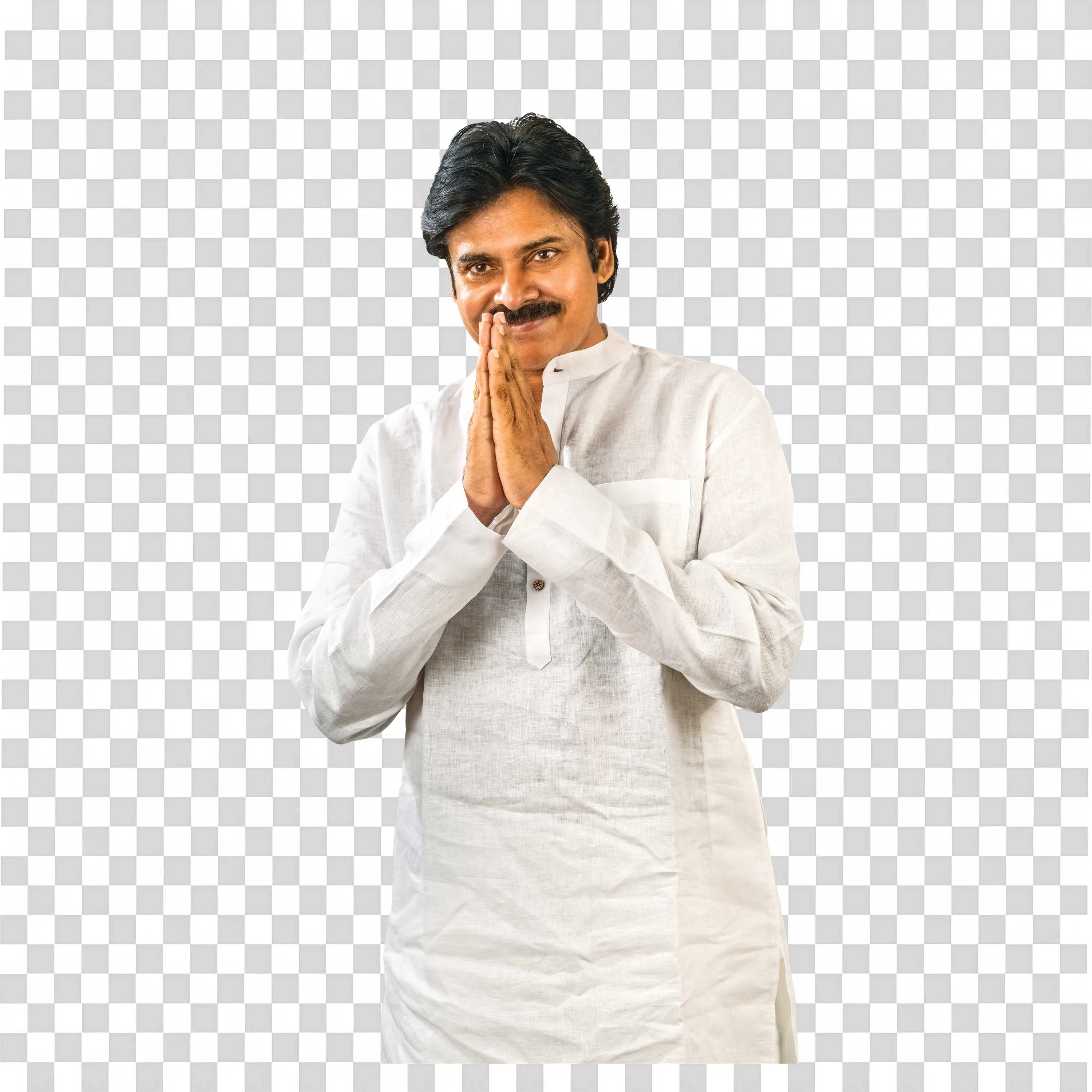 Pawan Kalyan Traditional White Kurta Greeting Pose PNG Download