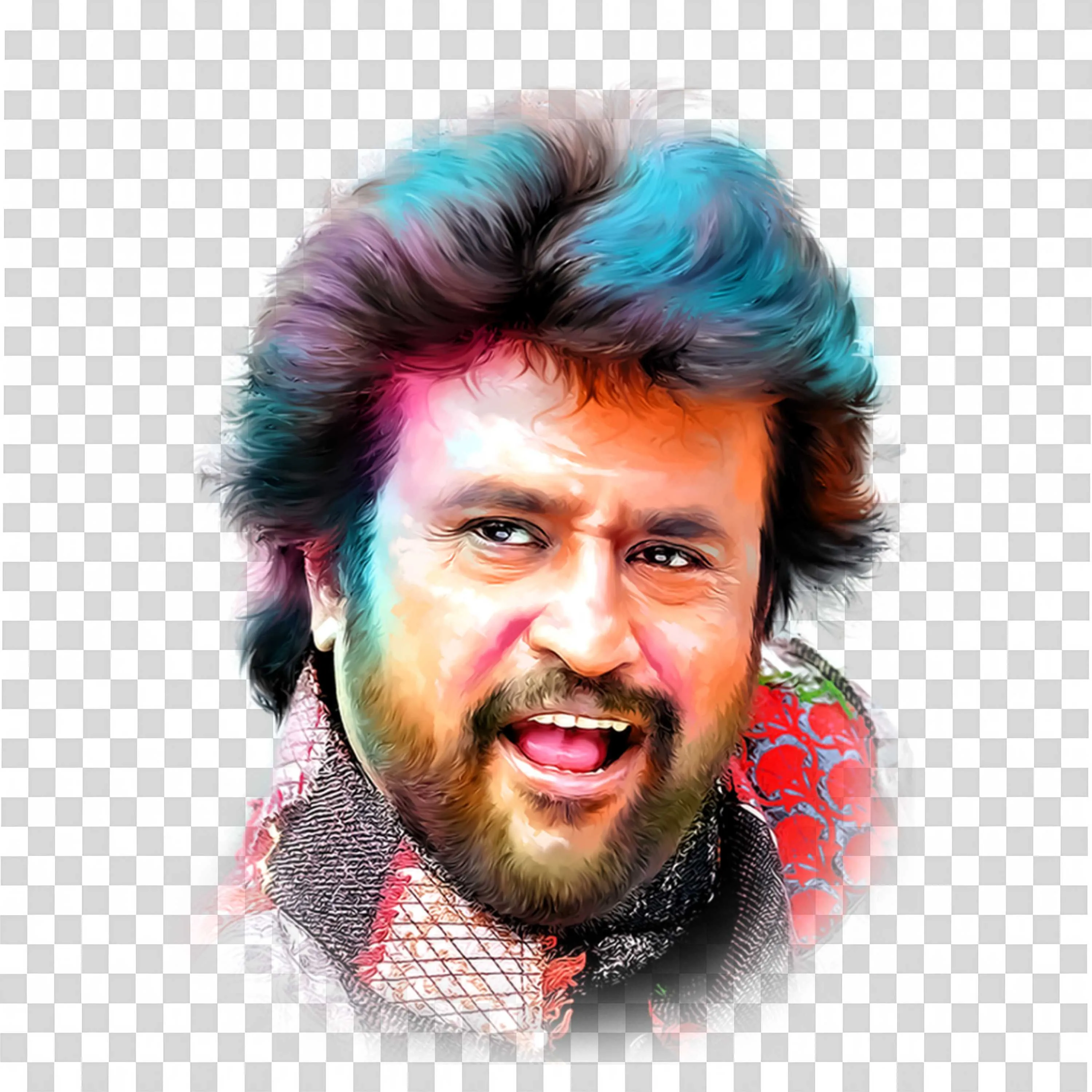 Rajinikanth Energetic Pose with Colorful Hair and Outfit Art