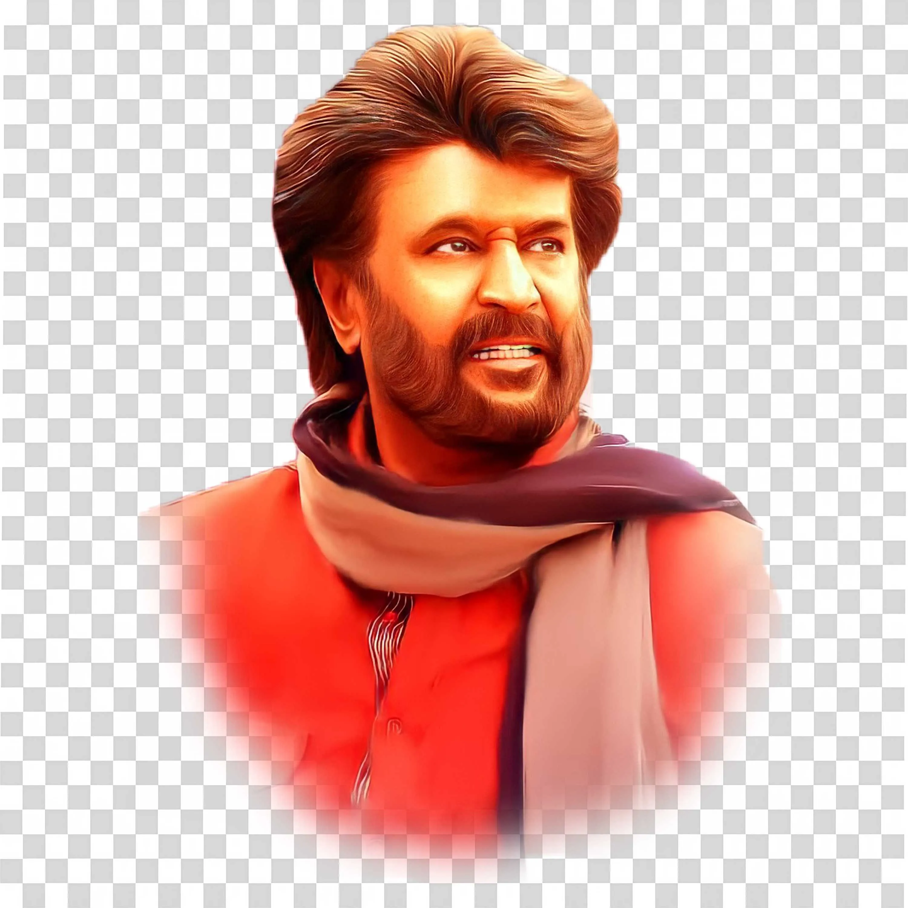 Rajinikanth in Red Outfit with Scarf and Intense Look Pose Free