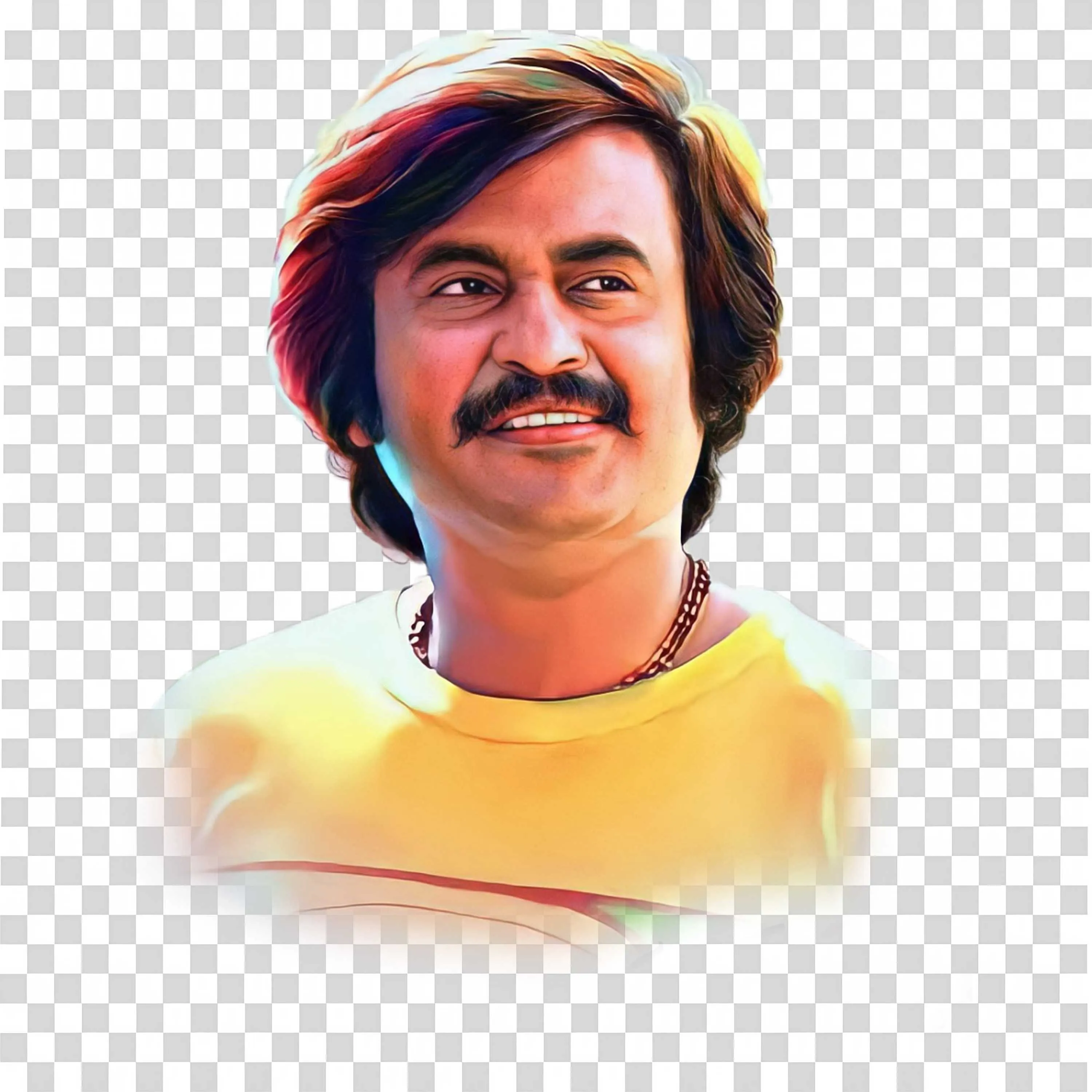 Rajinikanth in Yellow Shirt Smiling with Retro Hairstyle PNG