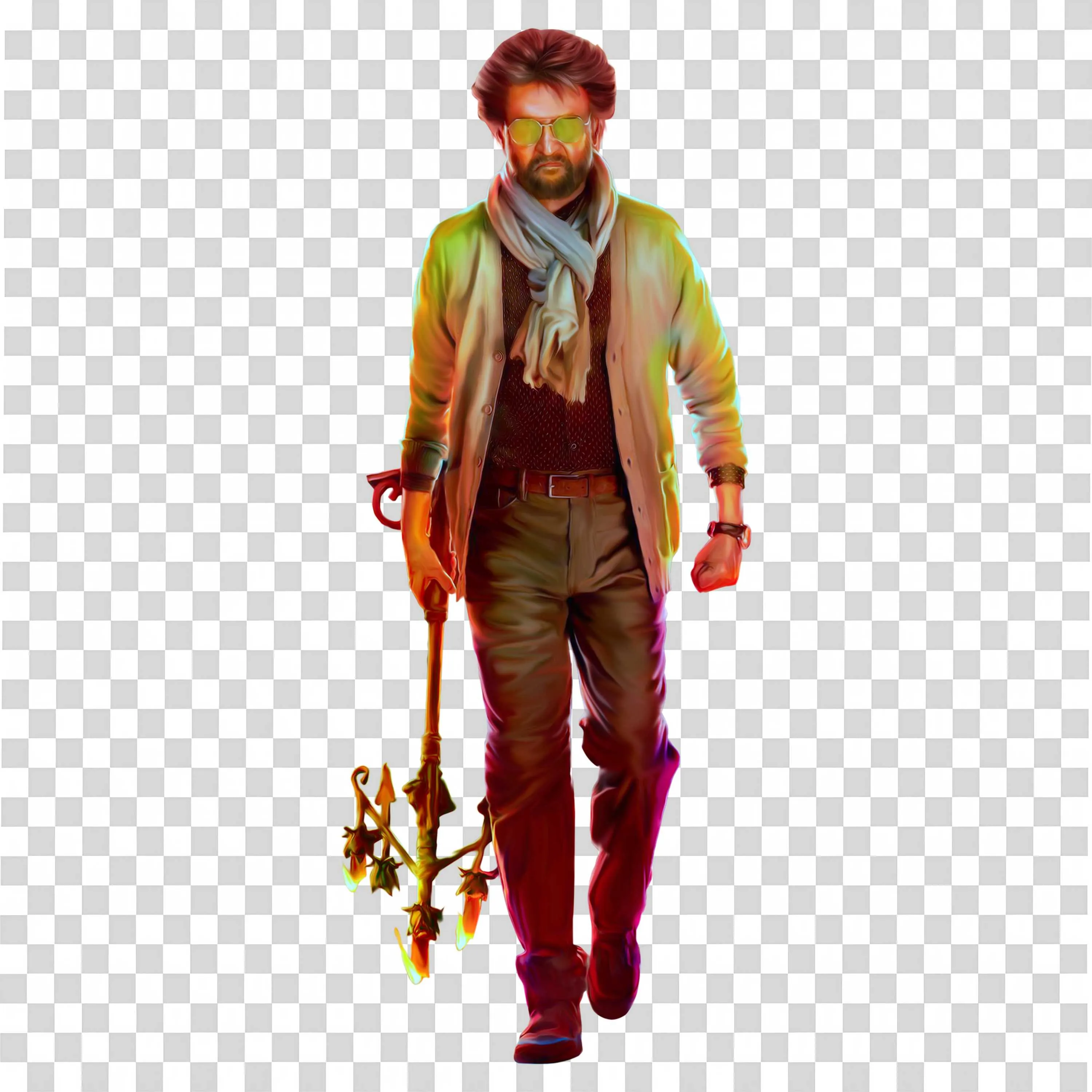 Rajinikanth Intense Look Holding Weapon Walking Pose PNG